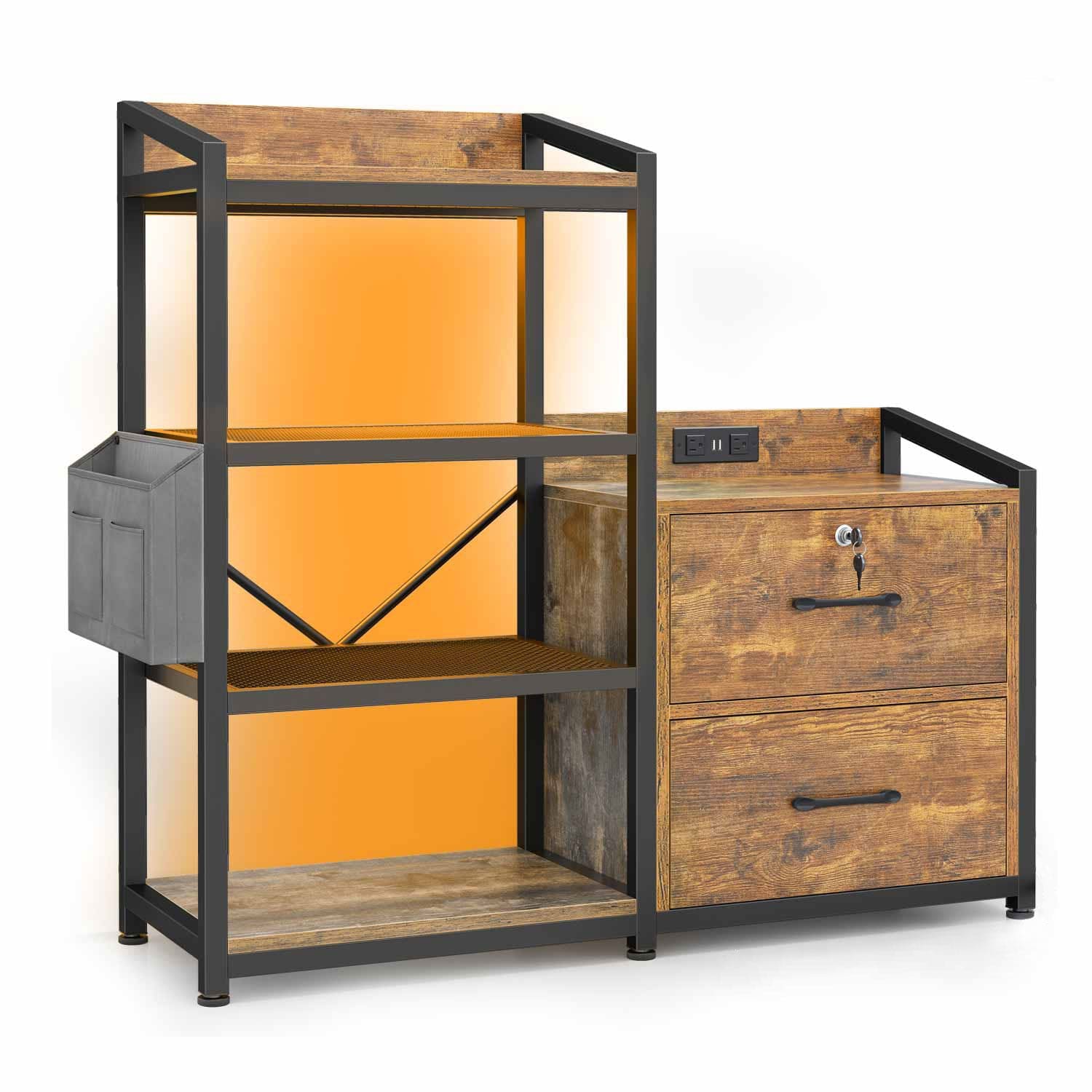 Sikaic File Cabinet 35.4 inches LED File Cabinet Brown Brown / Engineered Wood / Industrial