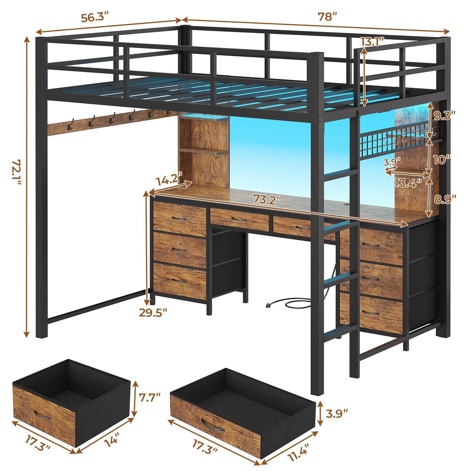 Sikaic Bed Frame Full Metal Loft LED Bed Frame with 8 Storage Drawers & Charging Station and 4 Open Storage Shelves Brown Brown / Full Size / Steel