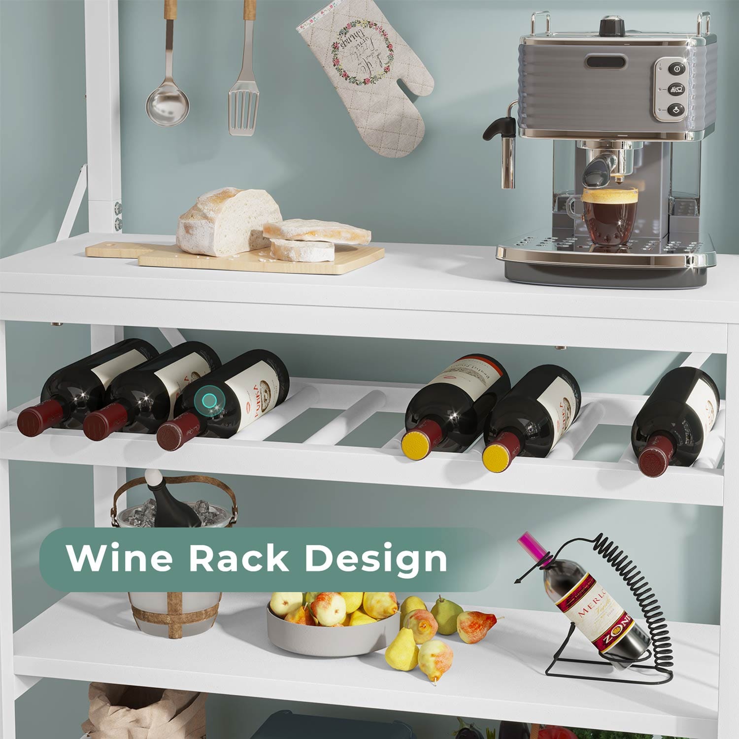 Sikaic Bakers Rack LED Bakers Rack with Power Outlet Storage White