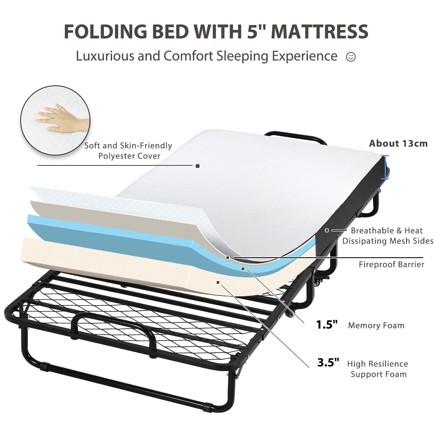 Sikaic Beds & Bed Frames Twin Size Folding Bed with Luxurious Memory Foam Mattress Metal Wheels Black