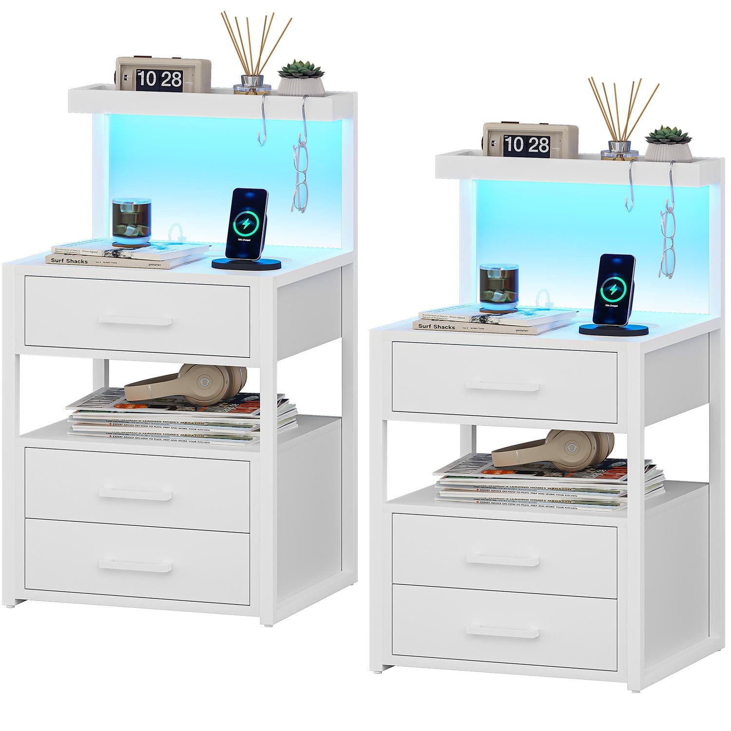 Sikaic Nightstand LED Nightstand with Charging Station 3 Drawers White