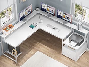 Sikaic 66" L Shaped Corner Two Person Gaming Desk with File Drawer Power Outlet Led Lights Monitor Shelf White