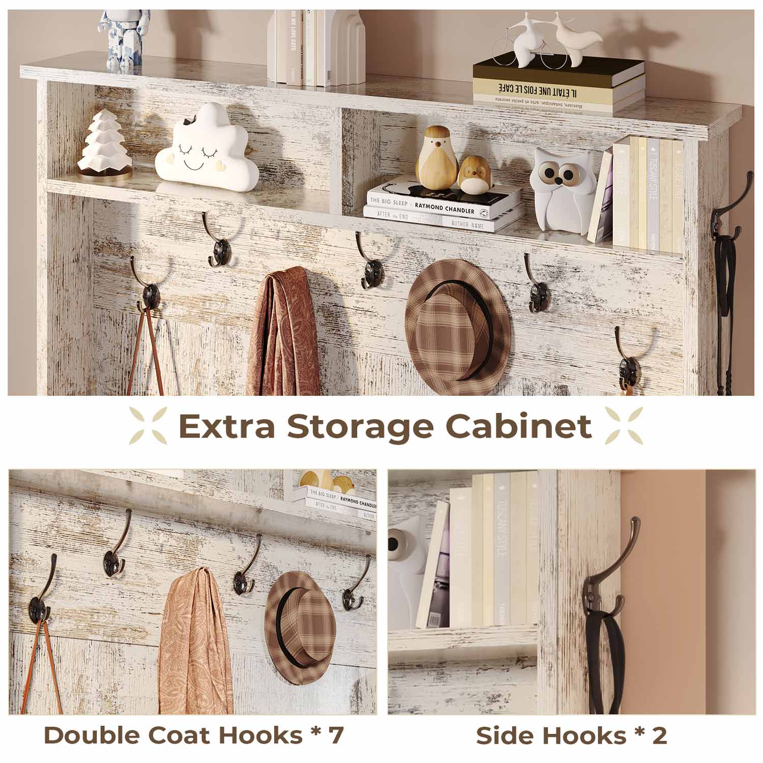 Sikaic Hall Tree 5-in-1 Hall Tree with Bench and Shoe Storage Vintage White