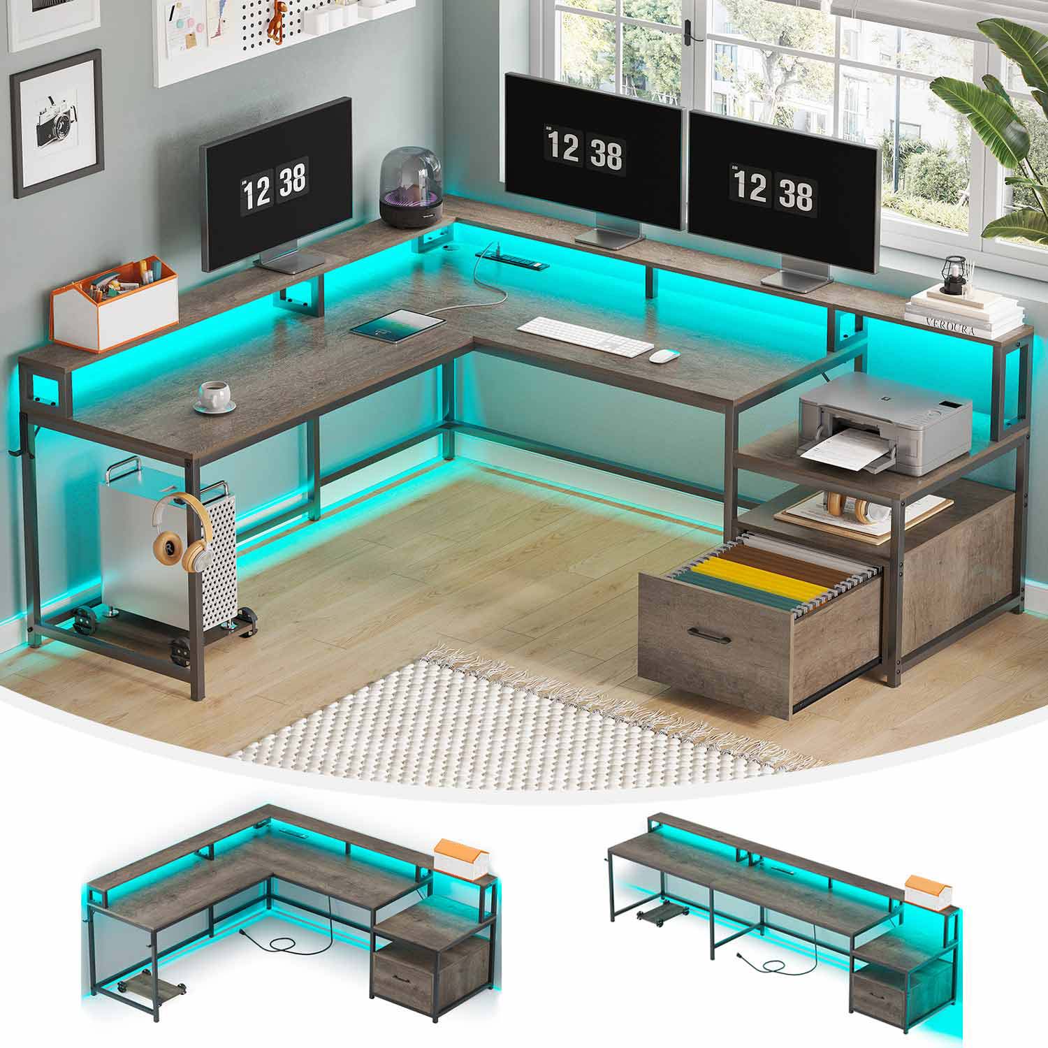 Sikaic Gaming Desk 66 Inches L Shaped Corner Two Person Gaming Desk with File Drawer Power Outlet Led Lights Monitor Shelf