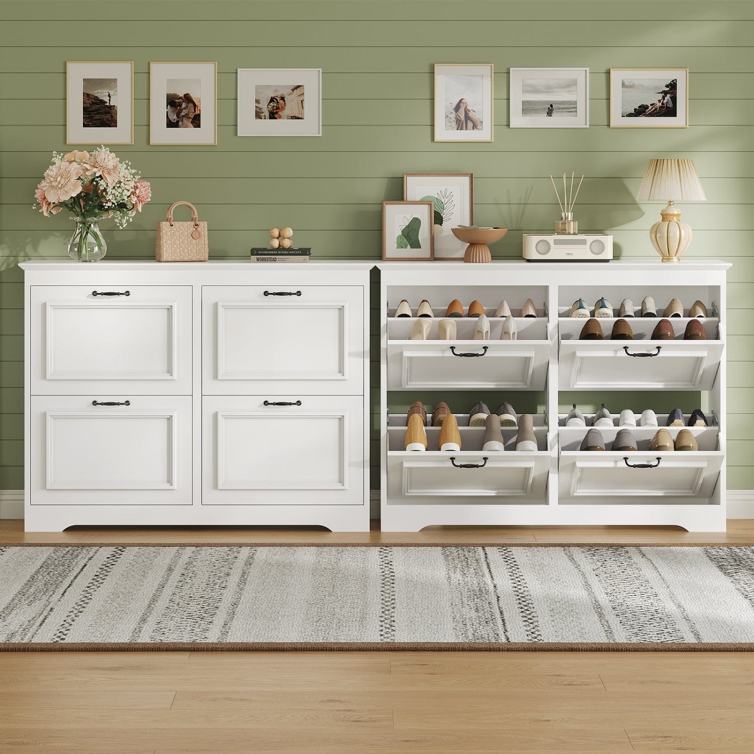 Sikaic Shoe Benches Shoe Benches with 4 Flip Drawers White White / Engineered Wood / Modern