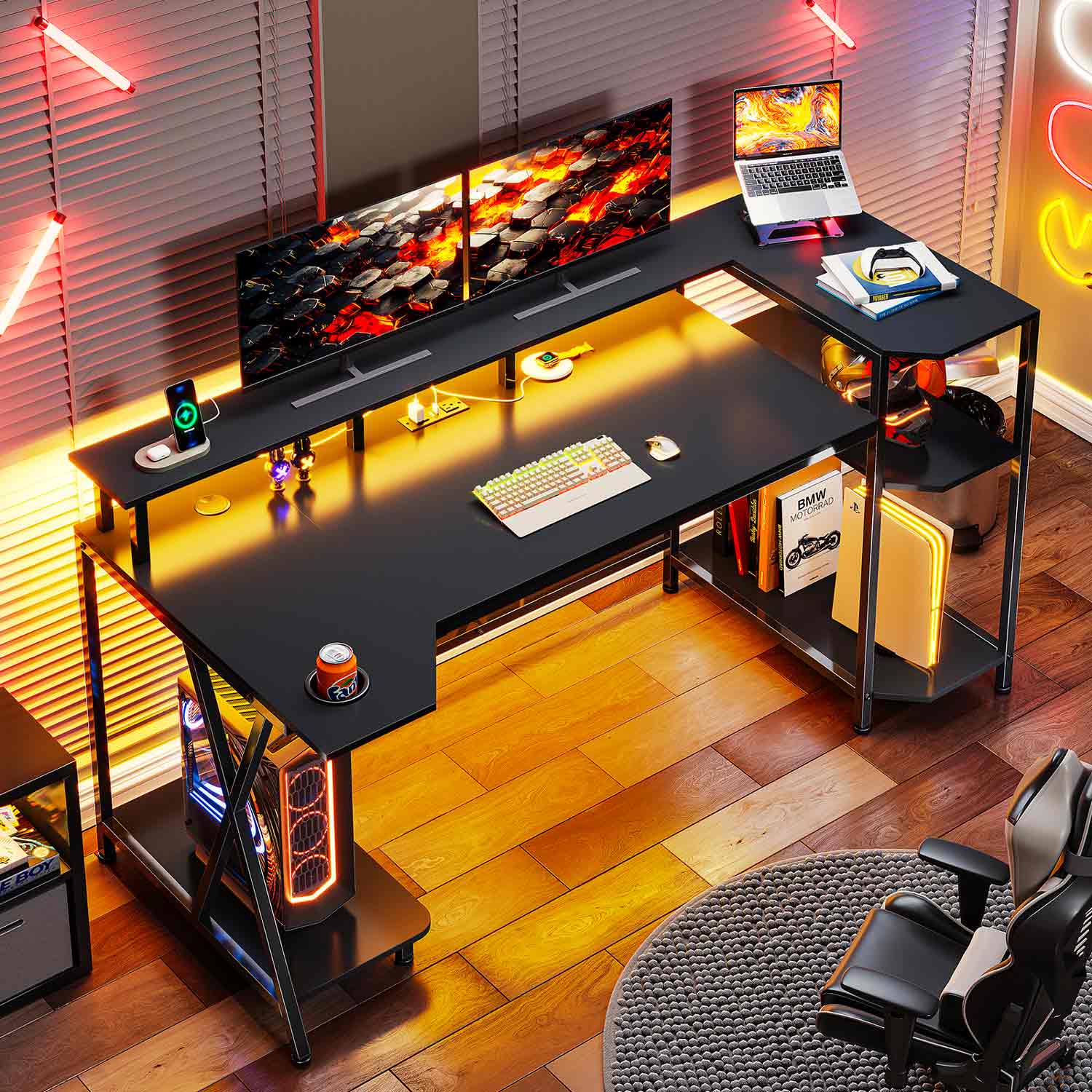 Sikaic Gaming Desk 55 Inches Large PC Gaming Desk with LED Lights and Storage Shelves  Monitor Stand Power Outlets Cup Holder Black
