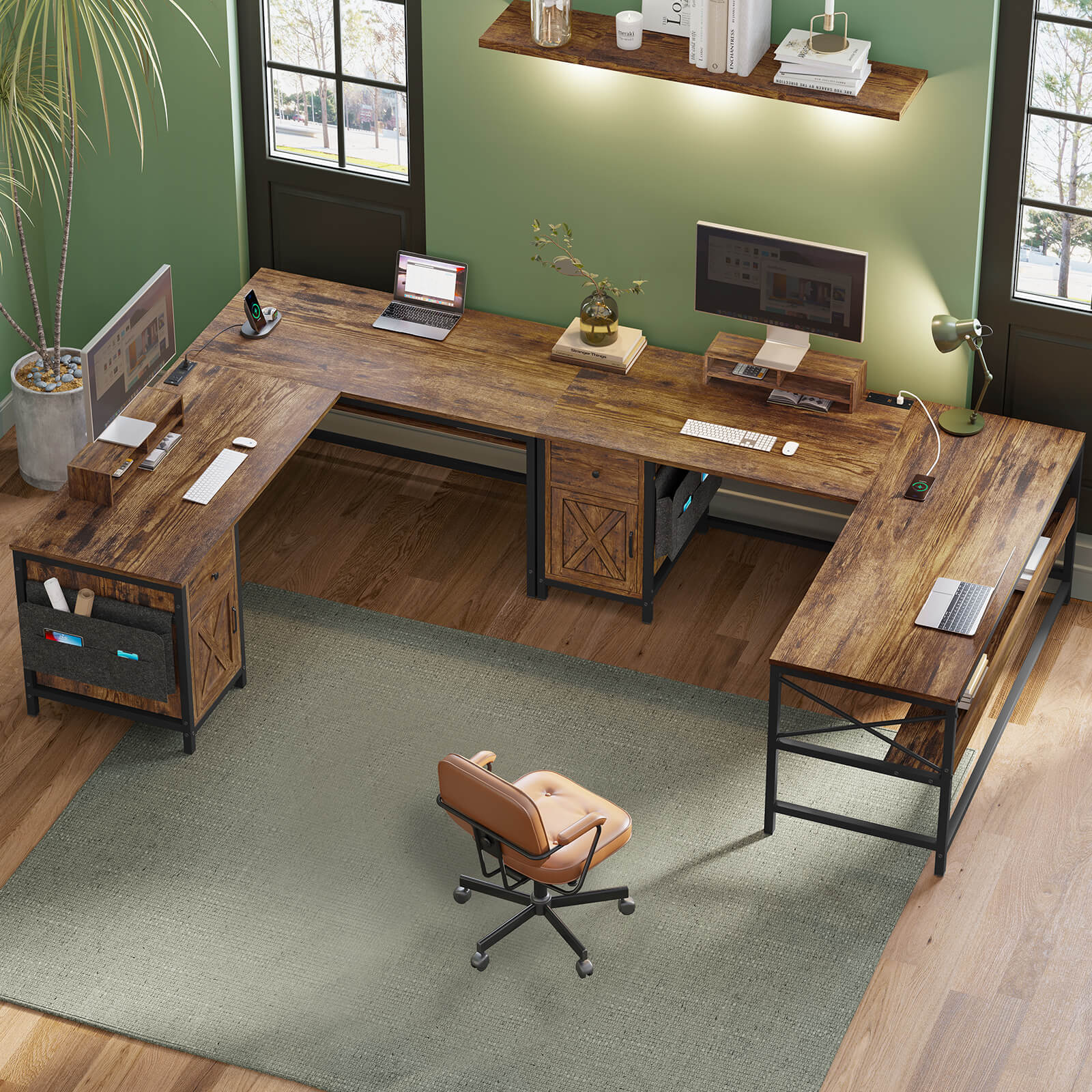 Sikaic 63" L Shaped Convertible Computer Office Desk with Drawer Power Strip Storage Cabinet Rustic Brown