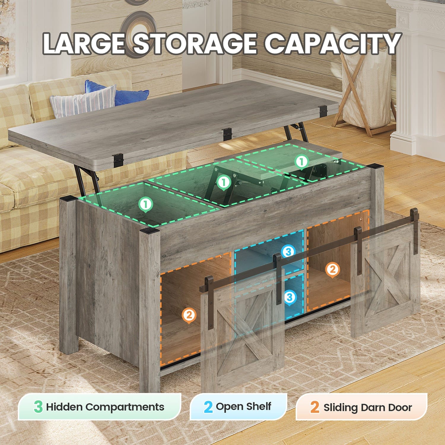 Sikaic Coffee Table 4 in 1 Multi-Function Lift Top Coffee Tables Converts to Dining Table Grey