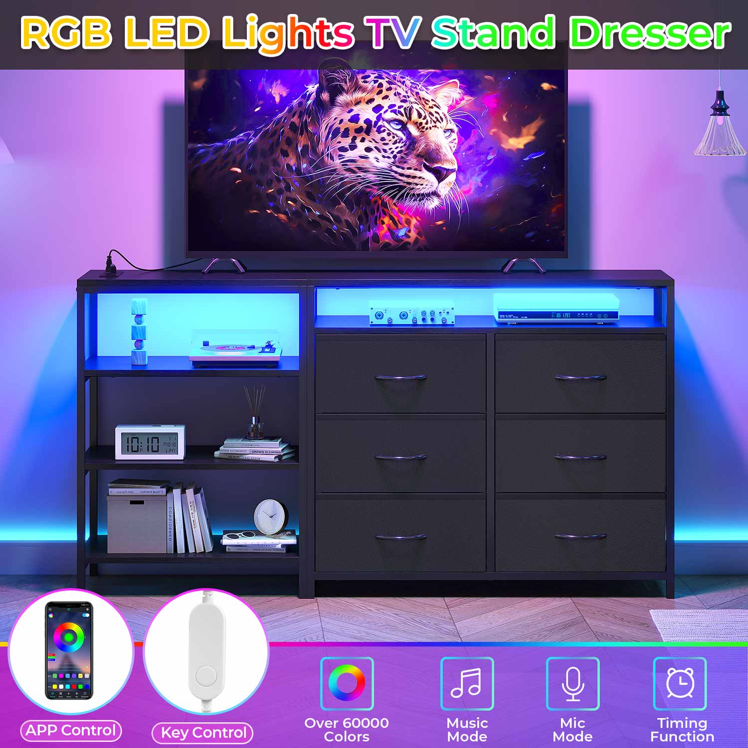 Sikaic TV Stands Corner L Shaped LED TV Stand Convertible Dresser with Charging Station and Open Shelf & PU Finish Drawers for Living Room Black