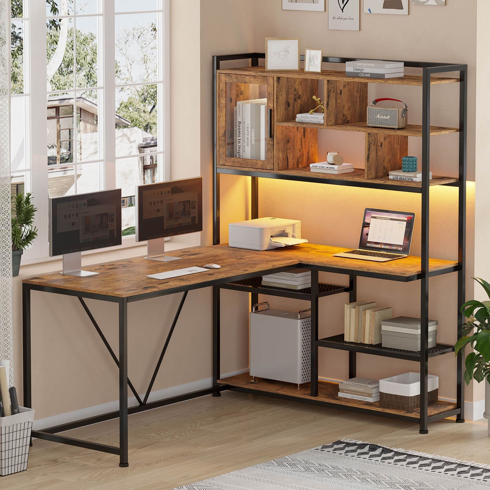 Sikaic Gaming Desk 58 Inches L Shape Corner LED Gaming Desk with Bookshelf Storage Shelves Brown