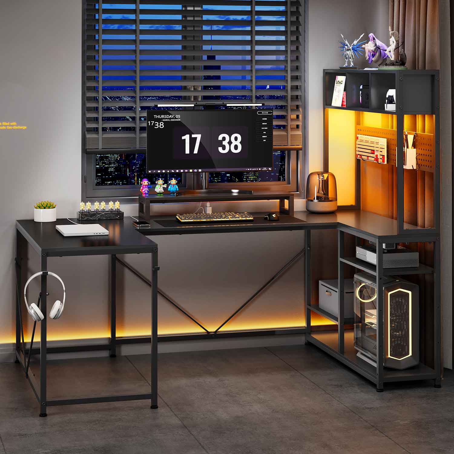 Sikaic Gaming Desk Reversible U-shaped Led Gaming Desk with Power Outlets And Monitor Stand Black Black / Engineered Wood / Modern