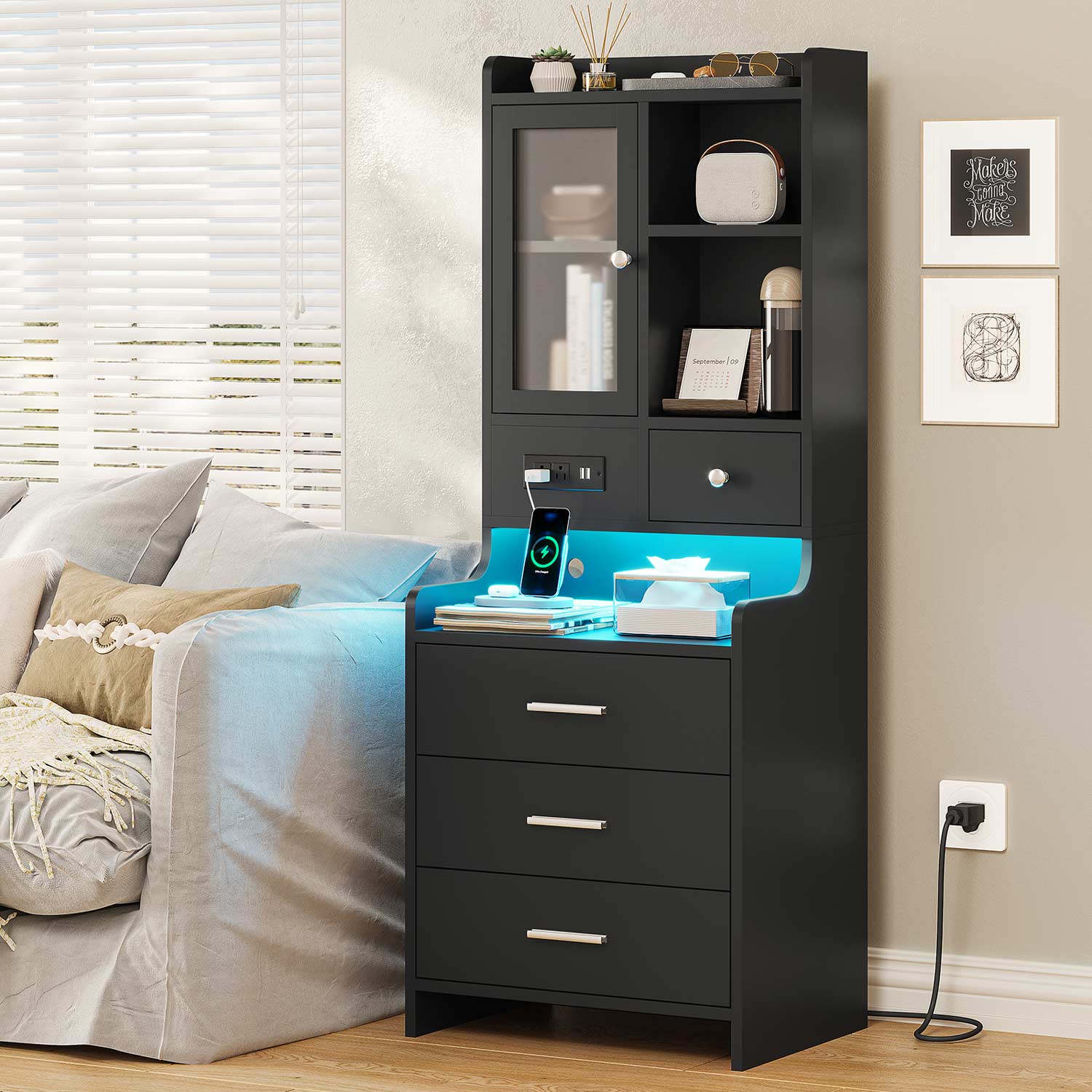 Sikaic Nightstand LED Tall Nightstand with Charging Station Drawers Shelves Glass Door Storage Black