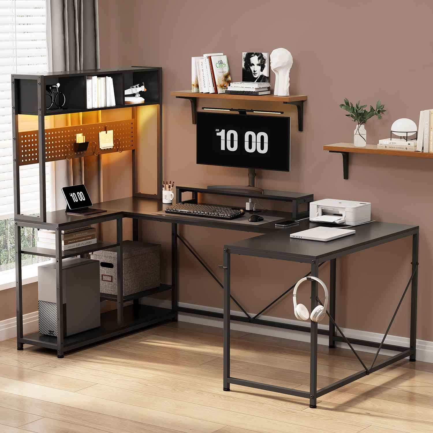 Sikaic Gaming Desk Reversible U-shaped Led Gaming Desk with Power Outlets And Monitor Stand Black Black / Engineered Wood / Modern