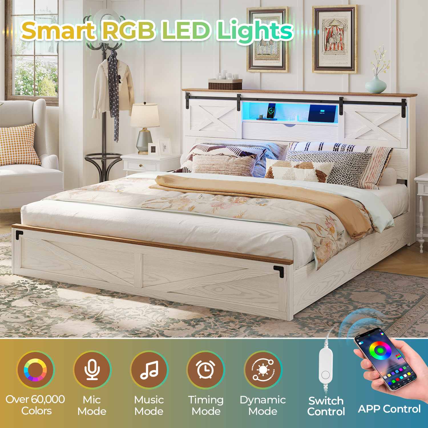 Sikaic Bed Frame LED Farmhouse Wooden Platform Bed Frame With Charging Station 2 Drawers & Storage Headboard Sliding Barn Door White