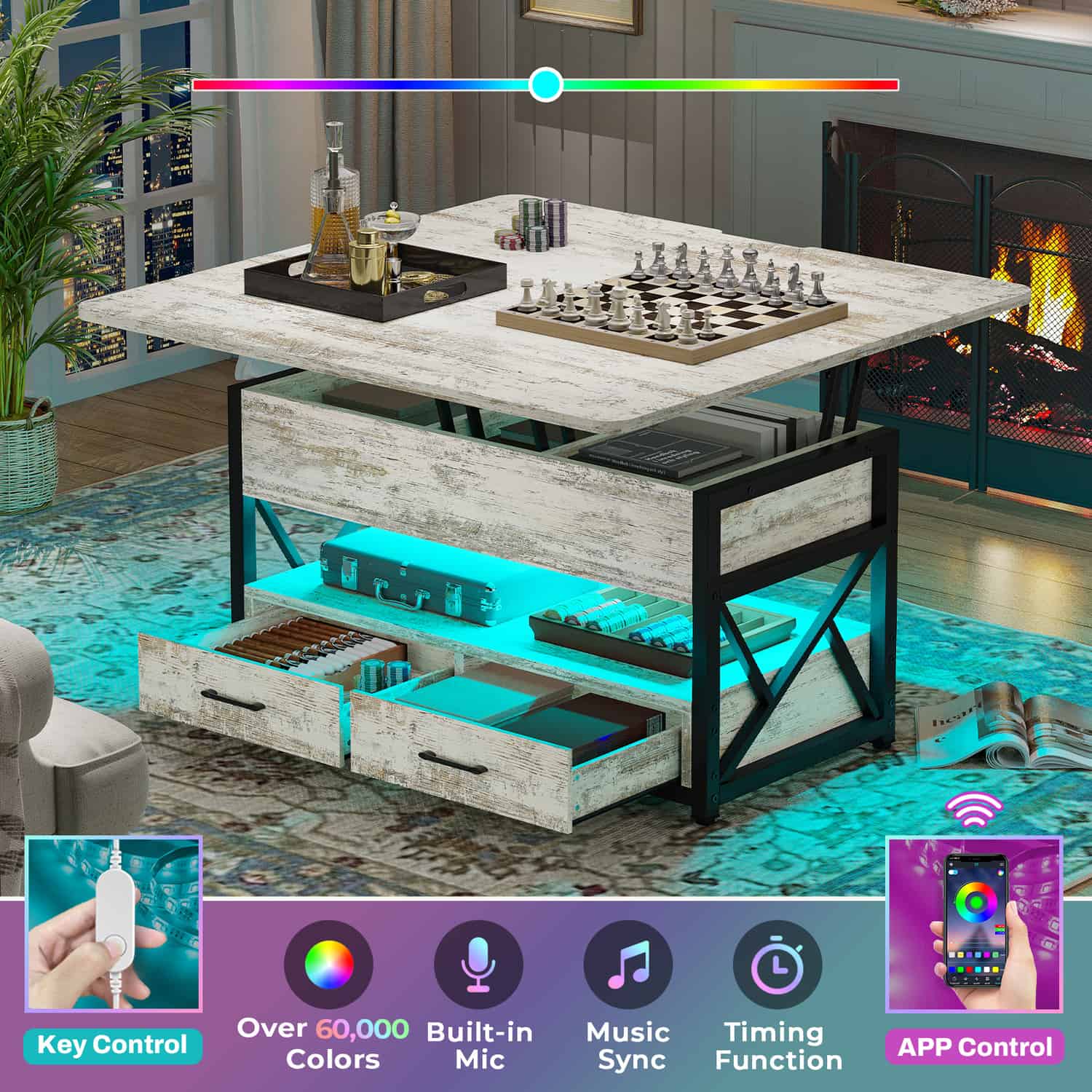 Sikaic Coffee Table 40" Inches Lift Top 4 in 1 LED Coffee Table with 2 Drawers Storage White