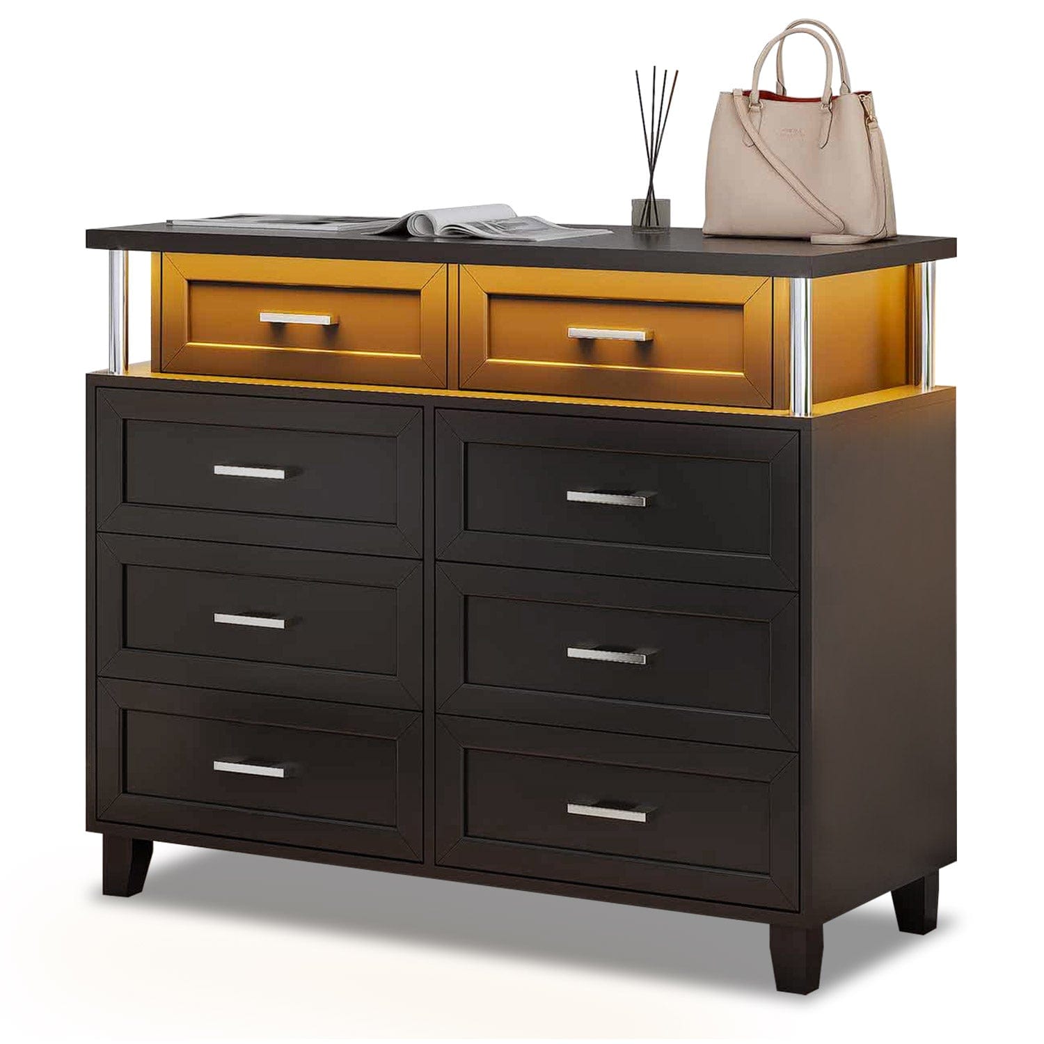 Sikaic Dresser LED 8 Drawers Dresser with Column Design Black Black / Engineered Woo / Modern