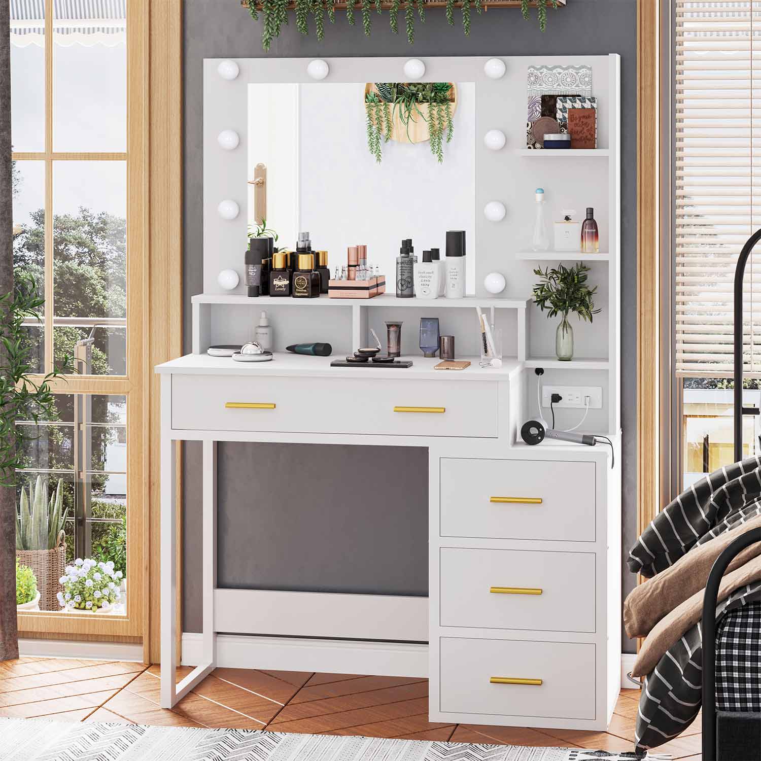 Sikaic Makeup Vanity Makeup Vanity with Lights Charging Station Mirror Drawers White