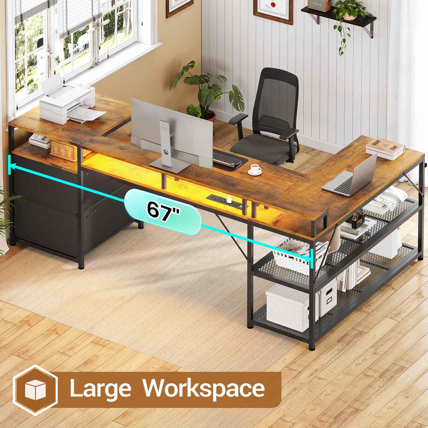 Sikaic Gaming Desk 67 Inches Reversible L Shaped Gaming Desk with Power Outlet LED Lights & Drawers Storage Shelves Rustic Brown