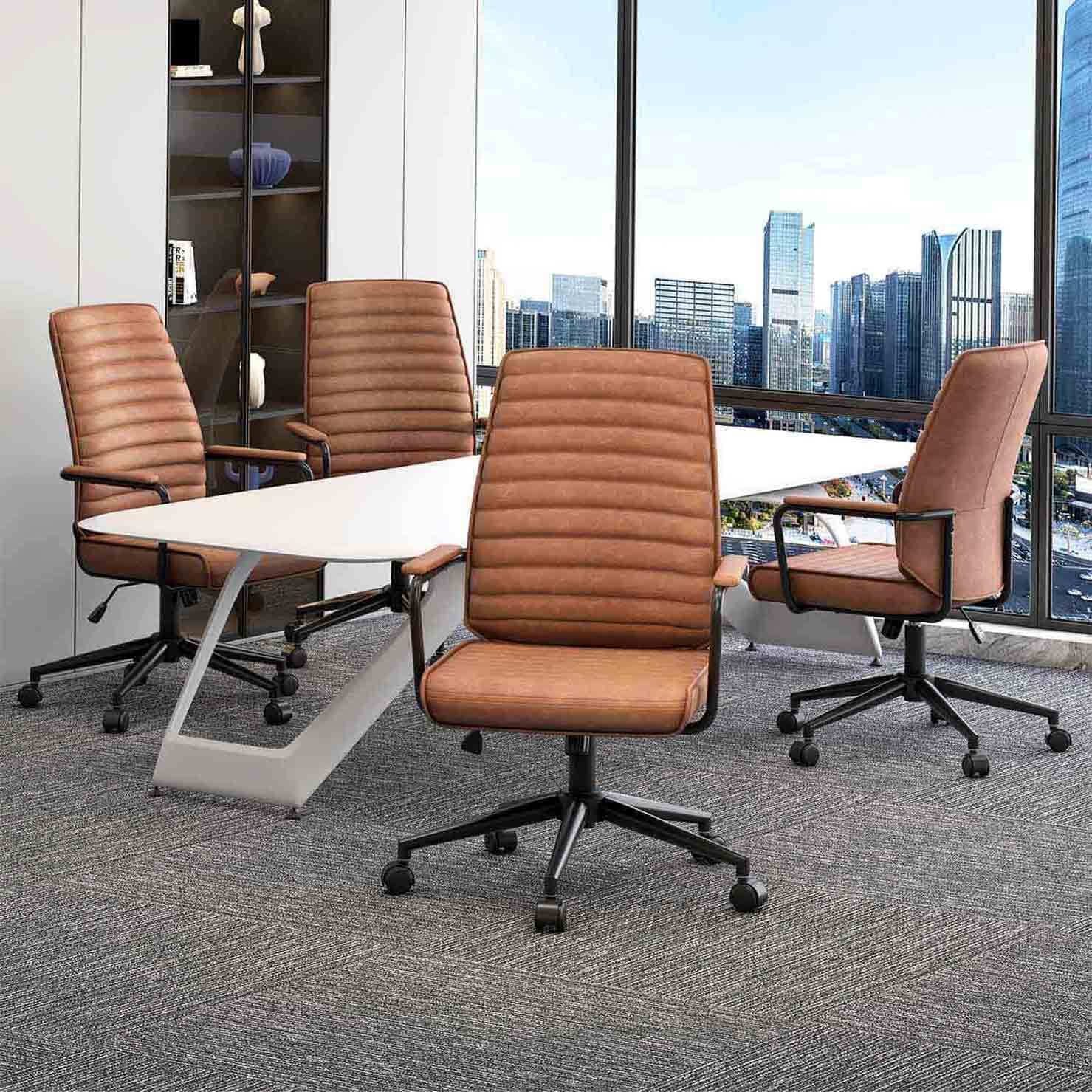 Sikaic Office Chairs Mid Century Leather Home Office Chair with Armrest Brown