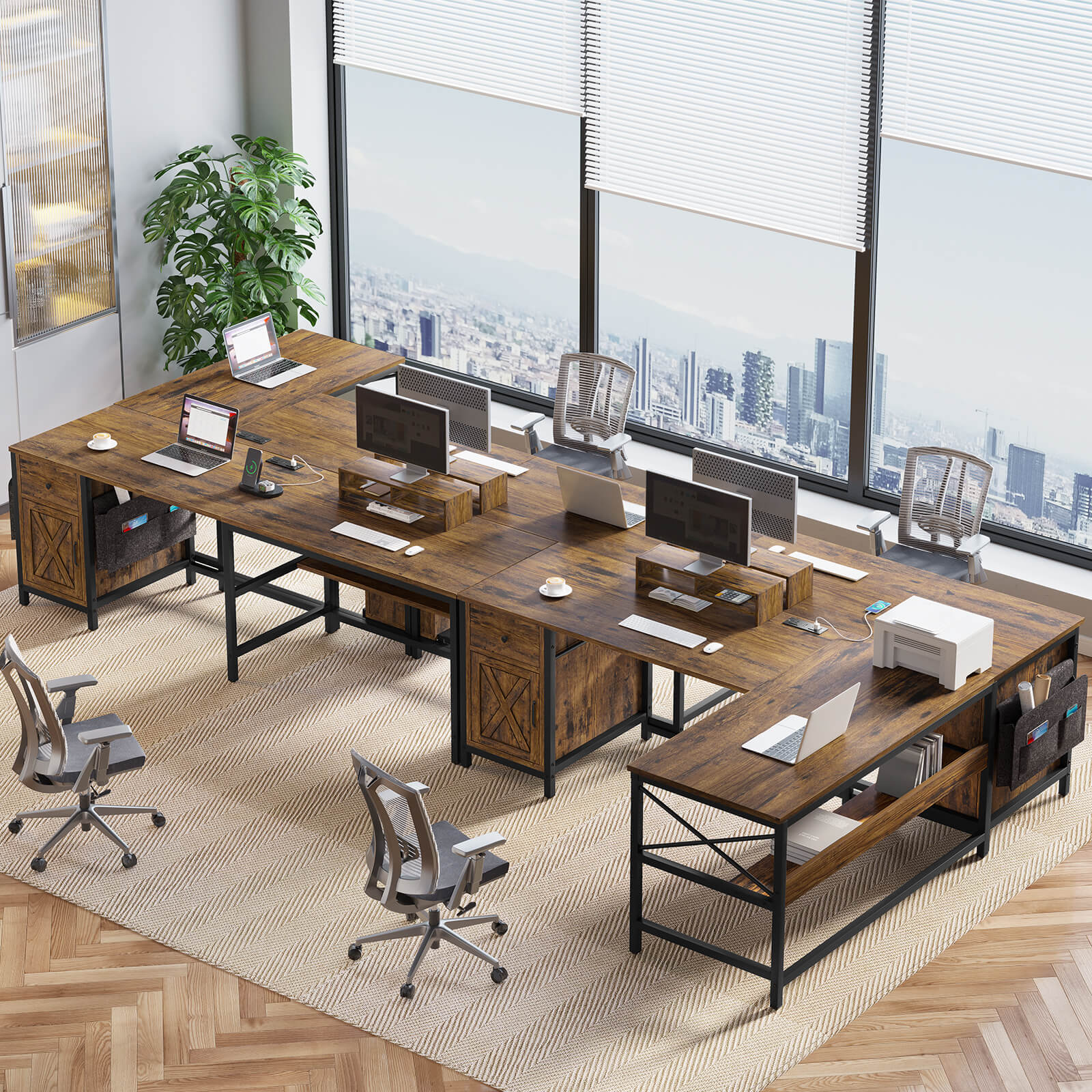 Sikaic 63" L Shaped Convertible Computer Office Desk with Drawer Power Strip Storage Cabinet Rustic Brown