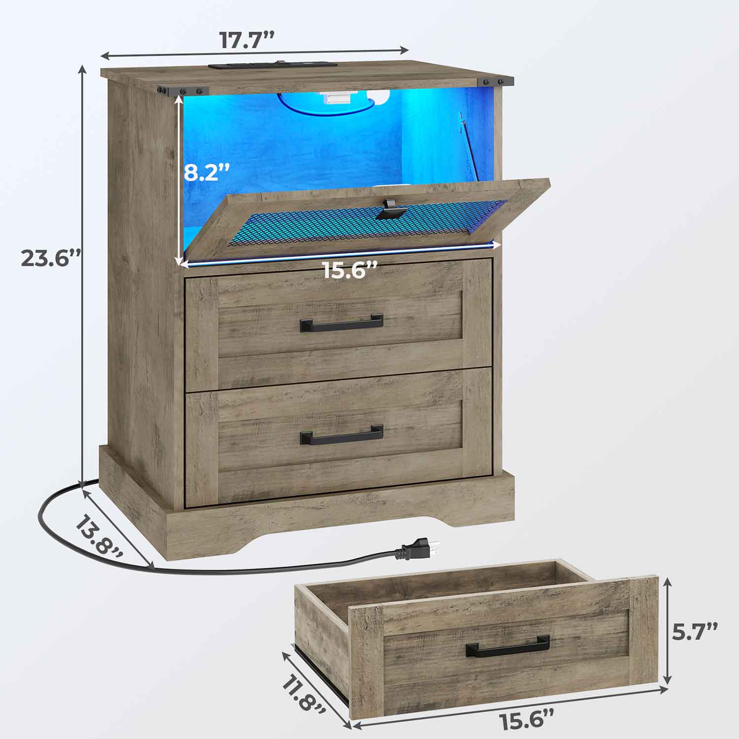 Sikaic Nightstand LED Nightstand with Charging Station 2 Drawers and Open Cubby Rustic Oak Grey Grey / Engineered Wood / Modern