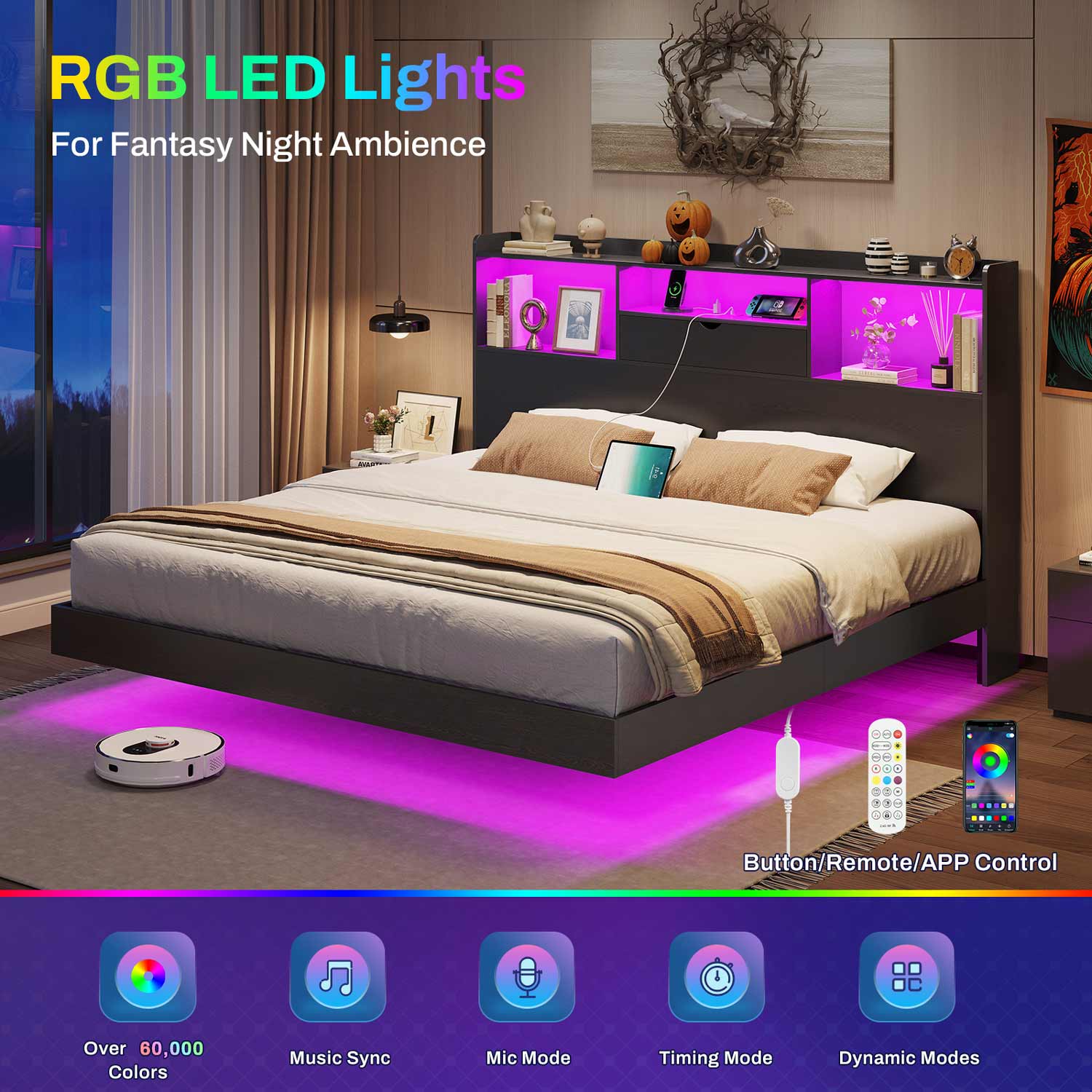 Sikaic Bed Frame King Floating Bed Frame with LED Lights and Headboard Storage Black Black / King / Engineered Wood
