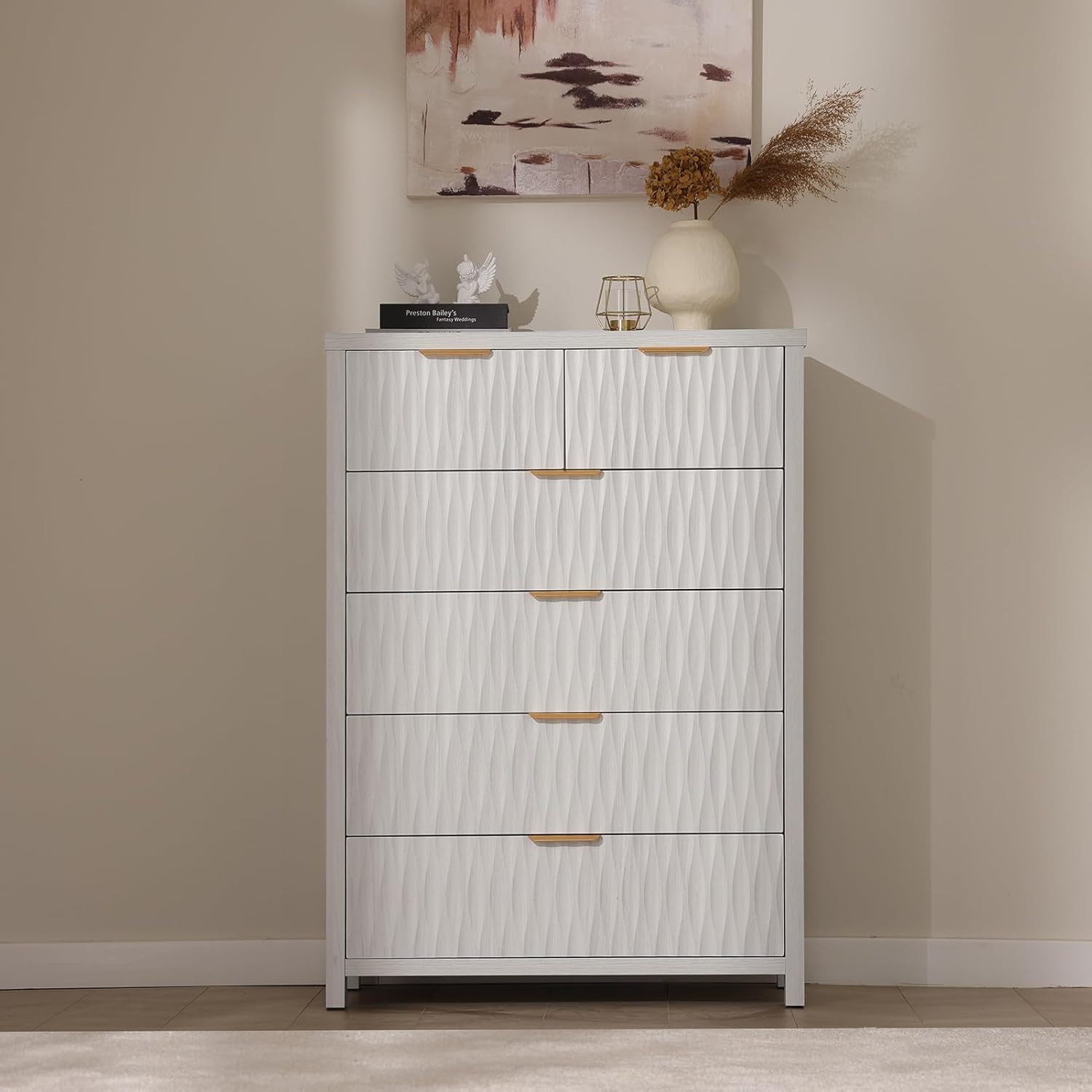 Sikaic Dresser Fluted Tall Dresser with 6 Drawers White White / Engineered Wood / Modern