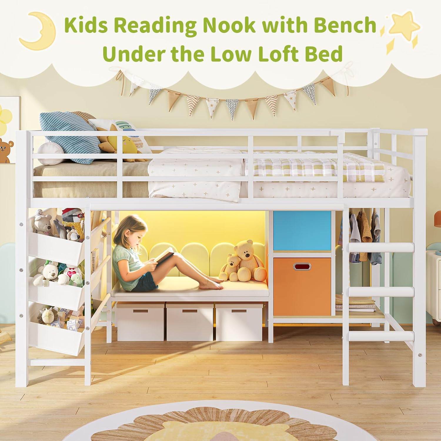 Sikaic Loft Bed Frame Low Loft Bed Twin Size with Reading Corner and Storage Basket White White / Engineered Wood / Modern
