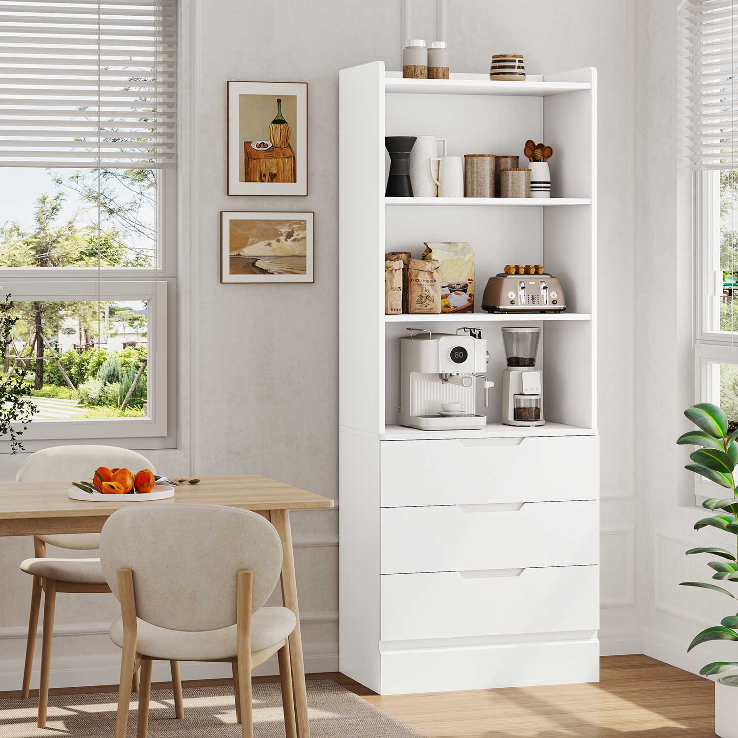 Sikaic Storage Cabinet 73 Inches Versatile Tall Cabinet with 3 Drawers and 3-Tier Open Shelves White