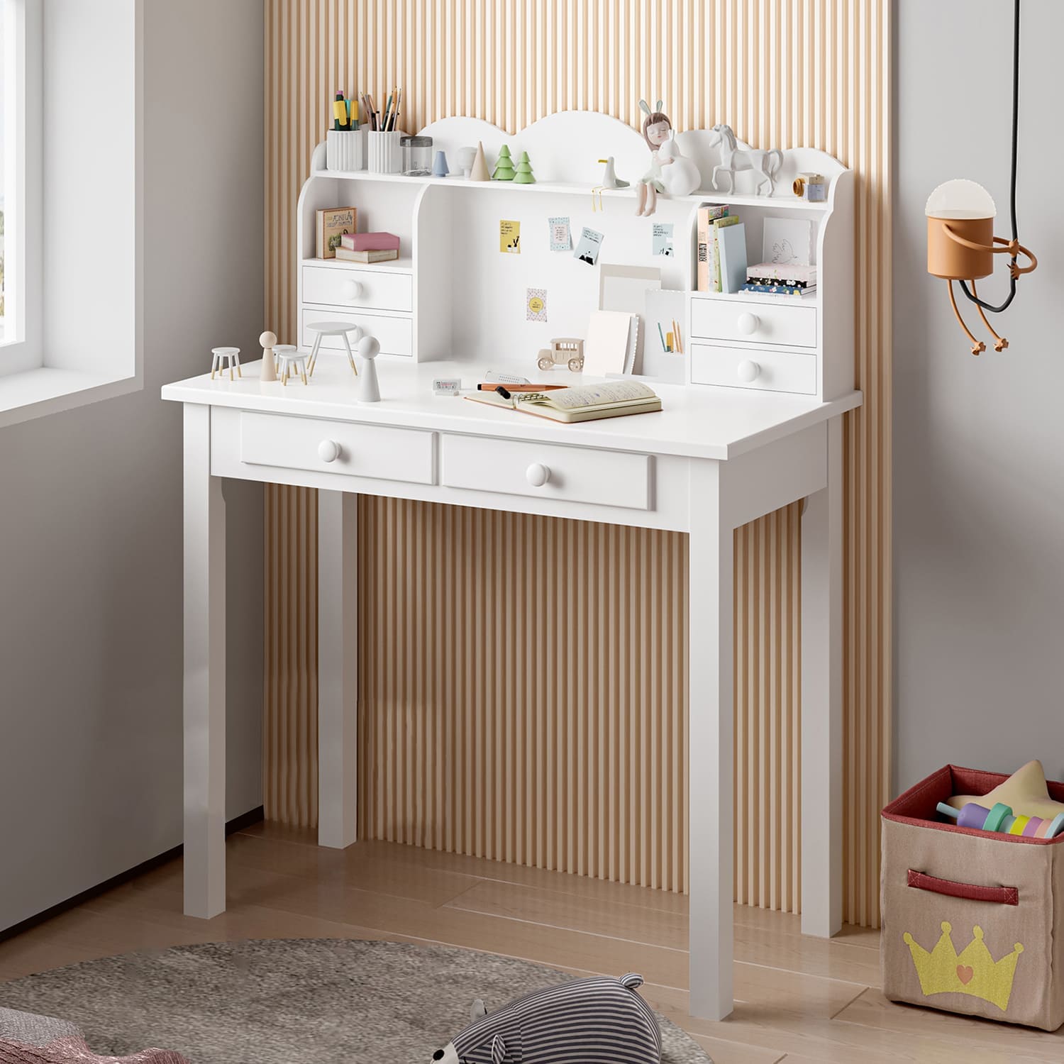 Sikaic Small White Writing Desk Makeup Dressing Table with Hutch and USB Ports