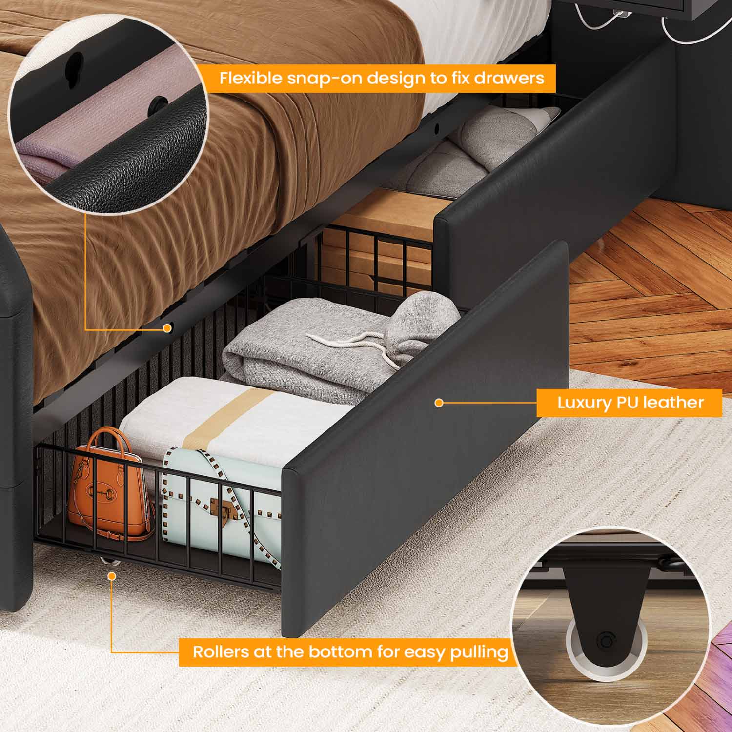 Sikaic Bed Frame PU Leather Upholstered Led Bed Frame with Storage Drawers Outlets & Nightstands Black