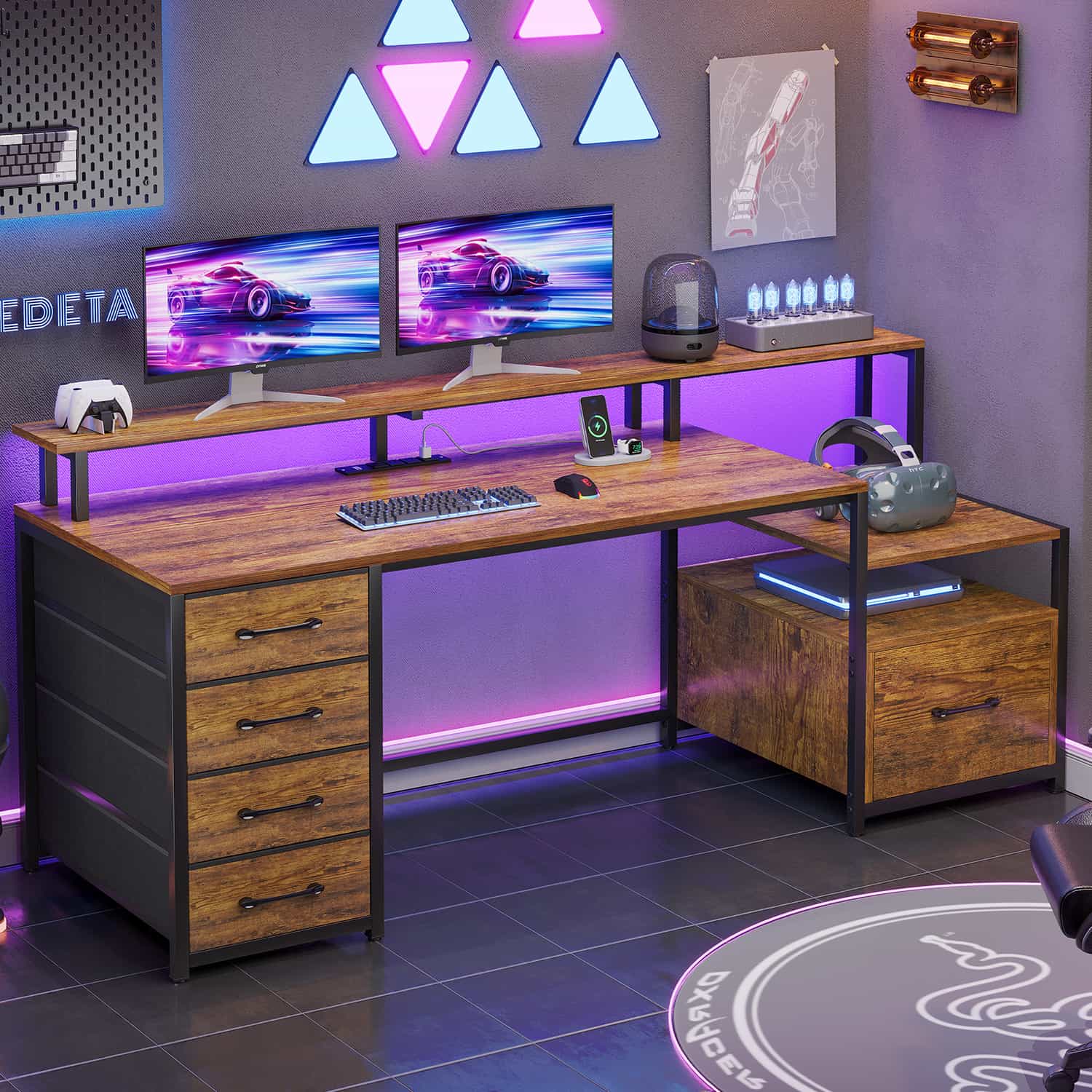 Sikaic Gaming Desk 66 inches LED Gaming Desk with File Drawer Power Outlet  Printer Cabinet and Monitor Shelf Brown