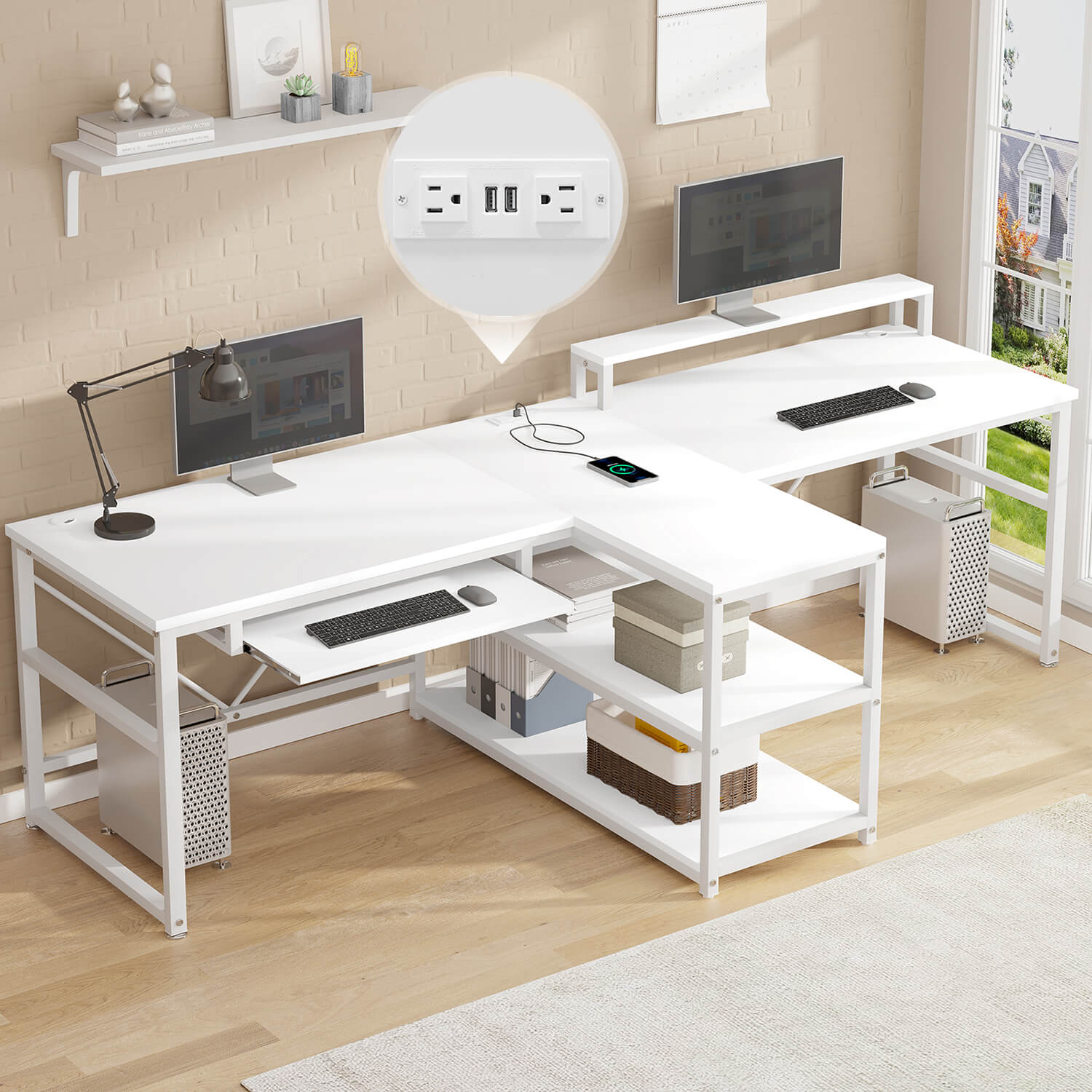 Sikaic 94.5" T Shaped 2 Person Modern LED Lights Gaming Desk with Storage White