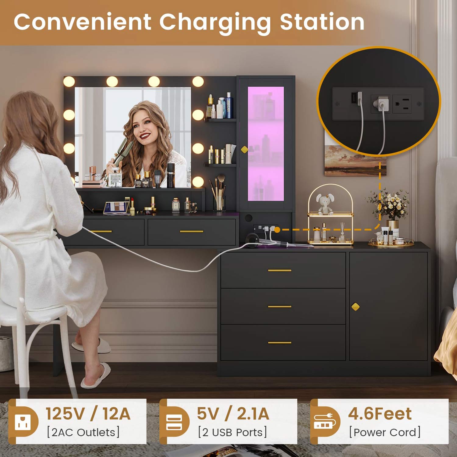 Sikaic Makeup Vanity LED Makeup Vanity with Dresser Charging Station Mirror Drawers & Shelves Black