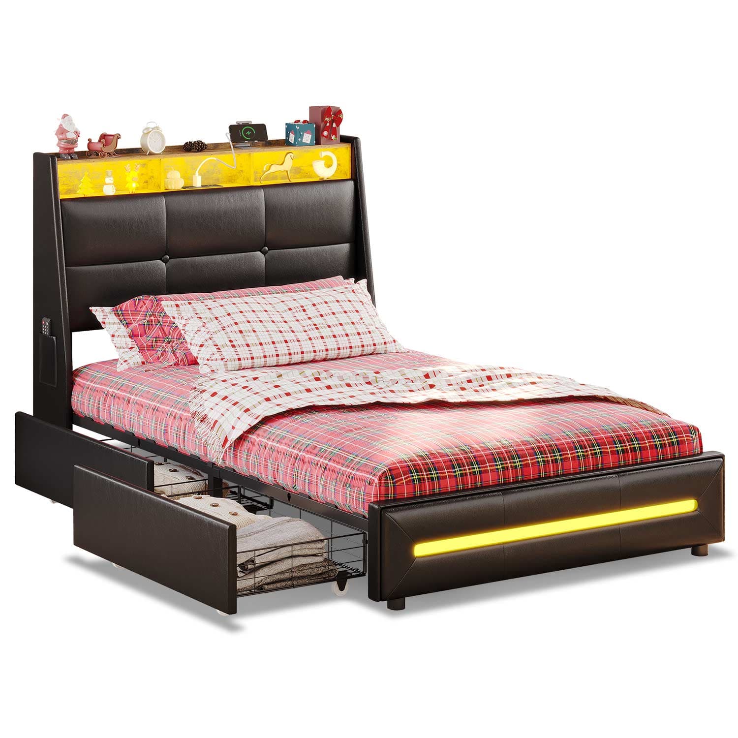 Sikaic Bed Frame Twin Size 4 Storage Drawers LED Bed Frame Black Black / Twin / Engineered Wood