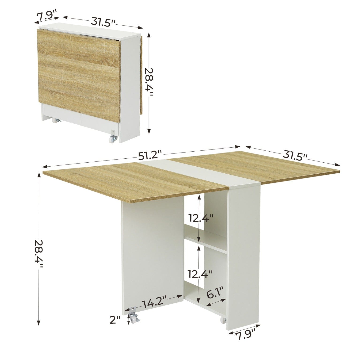 Sikaic Dining Table Folding Dining Table with Storage Shelves and 6 Casters White