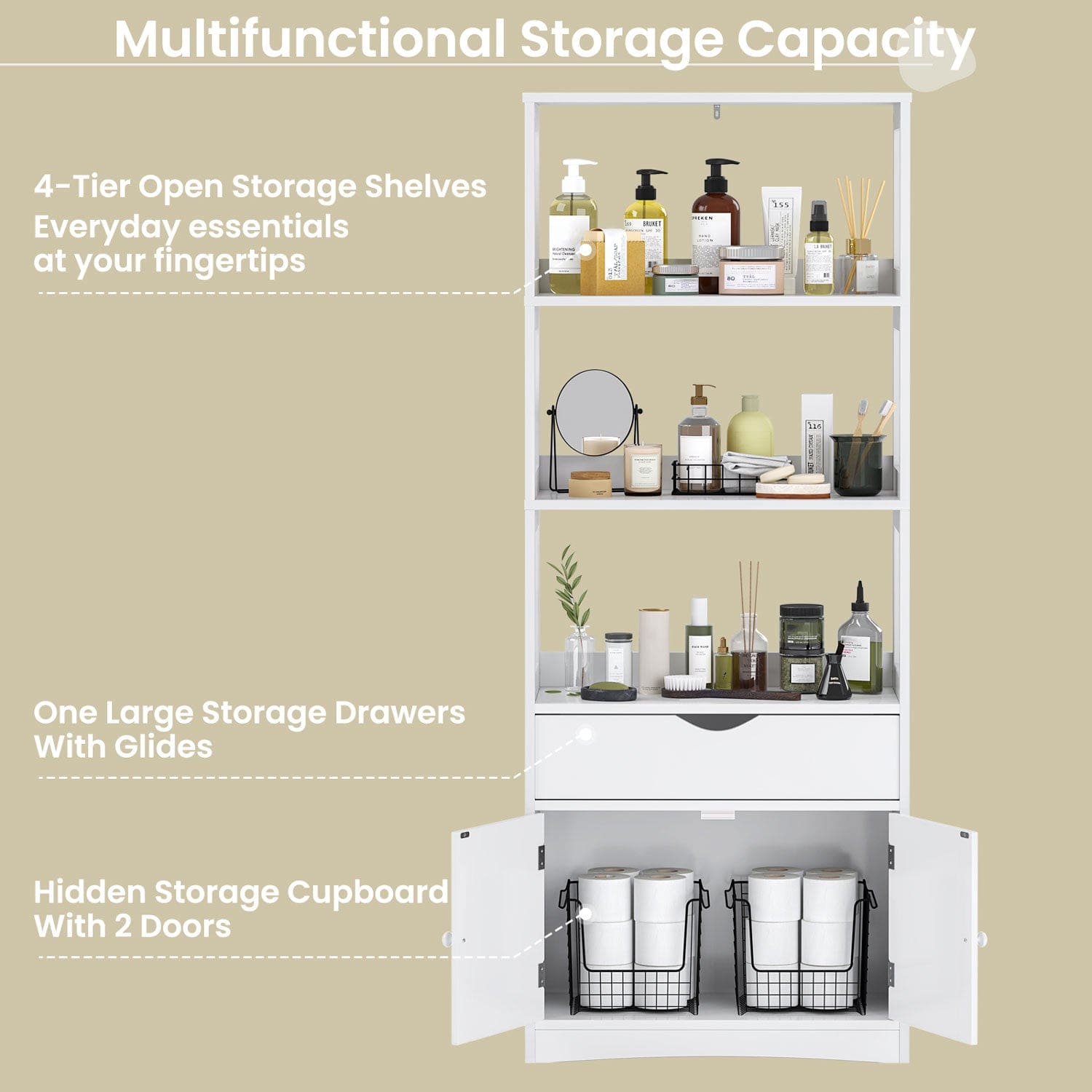 Sikaic Cabinets & Storage 64 Inches Freestanding Storage Cabinet with Shelves and Drawer Microwave Space Cupboard White