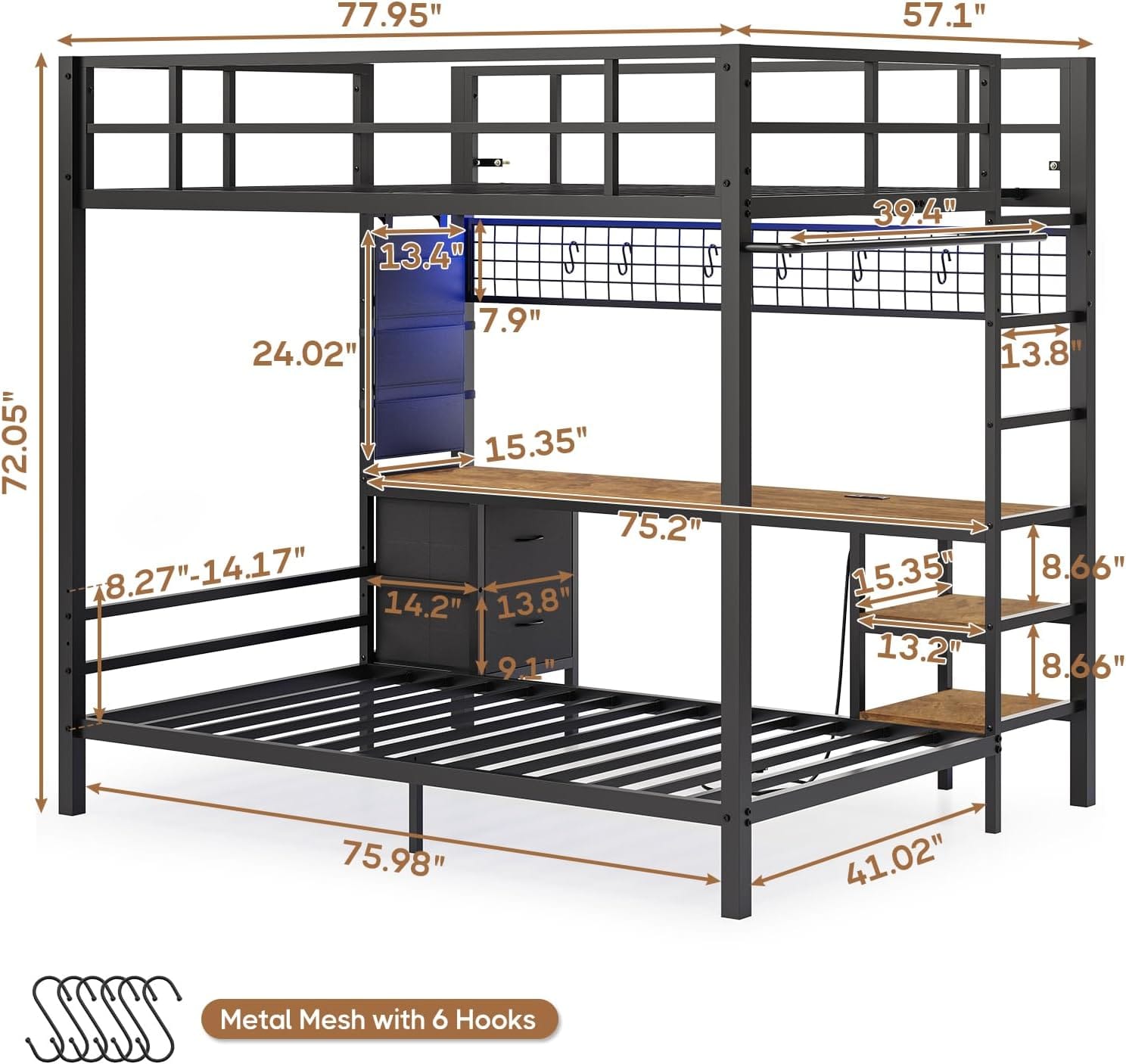 Sikaic Loft Bed Frame Full Size Over Twin Bunk Loft Bed Frame with Desk and Charging Station Black Black / Engineered Wood / Modern