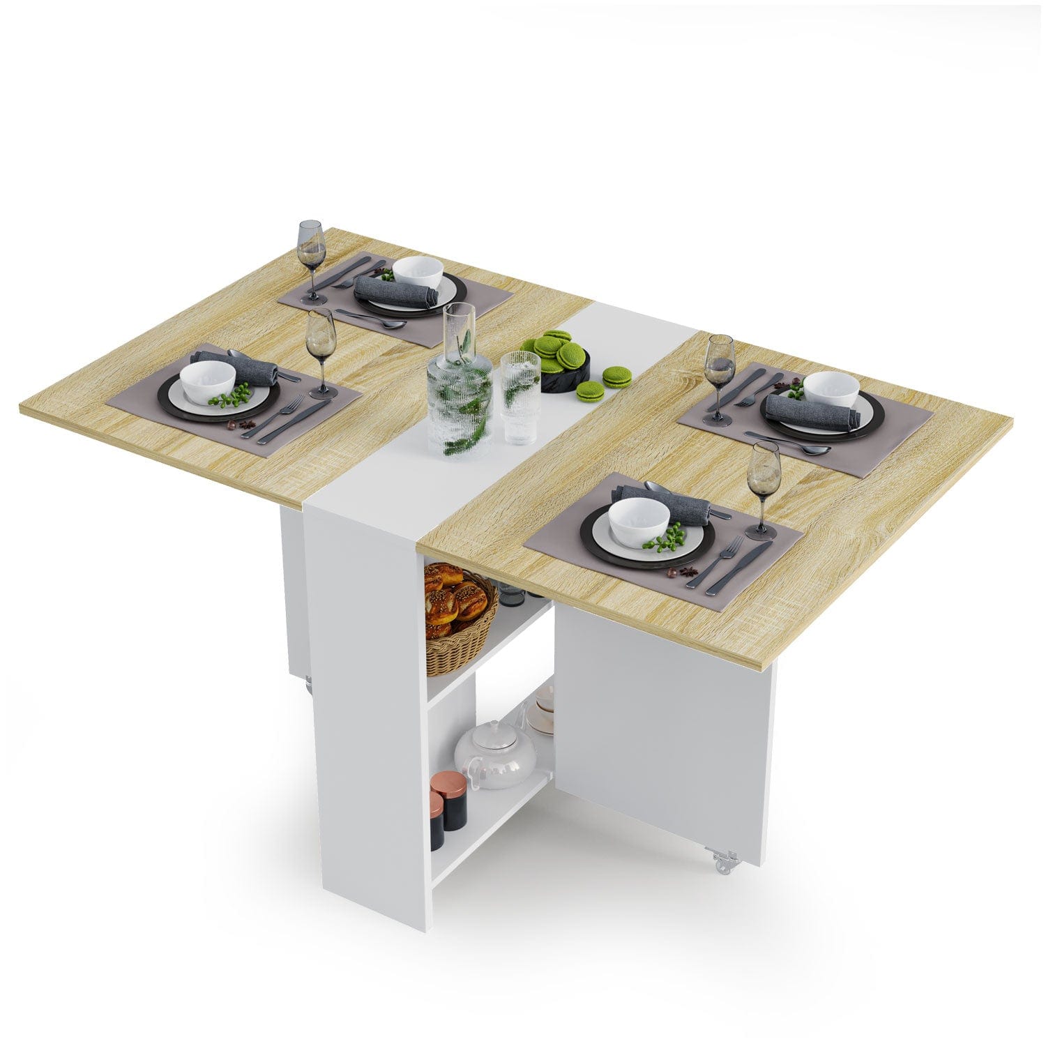 Sikaic Dining Table Folding Dining Table with Storage Shelves and 6 Casters White White / Engineered Wood / Modern