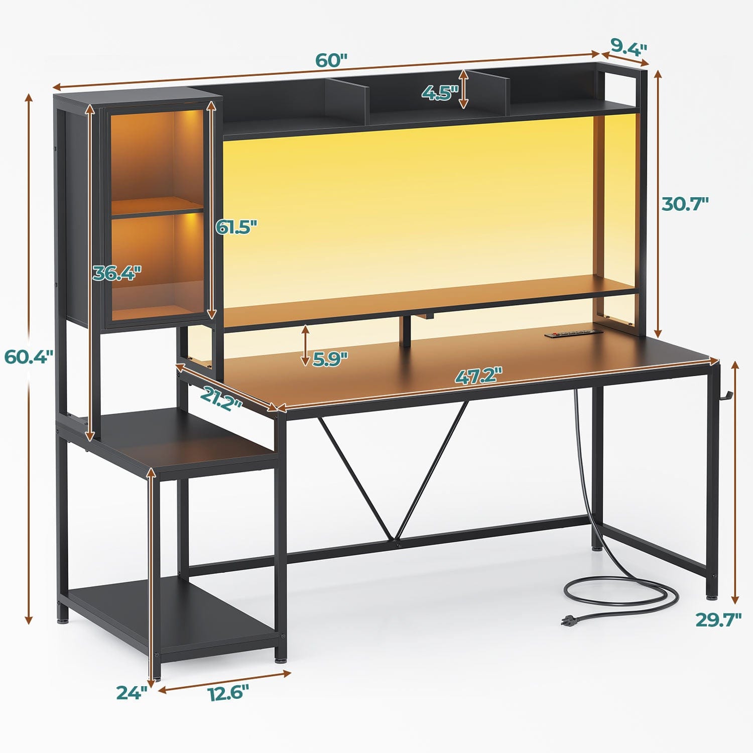 Sikaic Gaming Desk Led Gaming Desk with Power Outlets and Glass Display Cabinet Monitor Stand Hooks CPU Stand Black