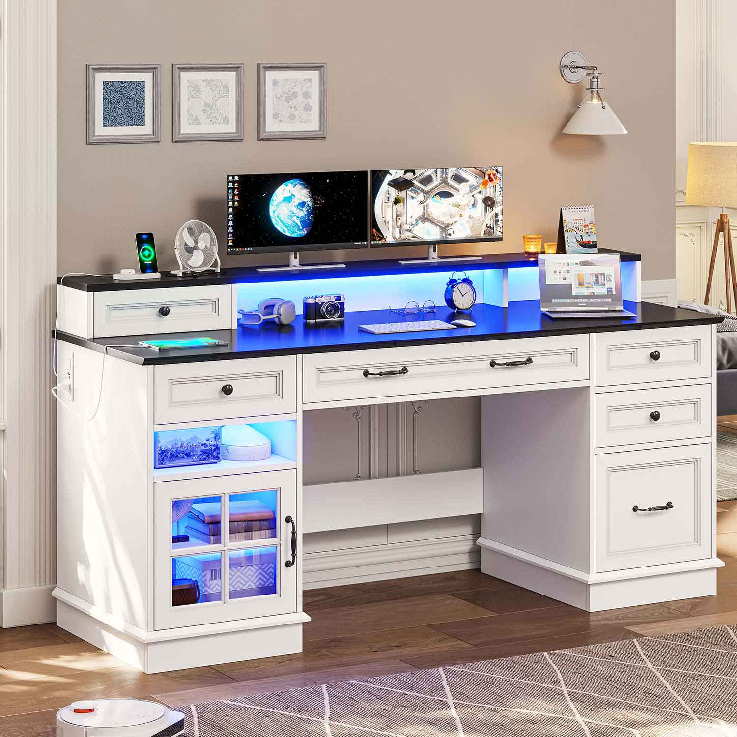 Sikaic Gaming Desk Executive Gaming Desk with LED Lights White White / Engineered Wood / Modern
