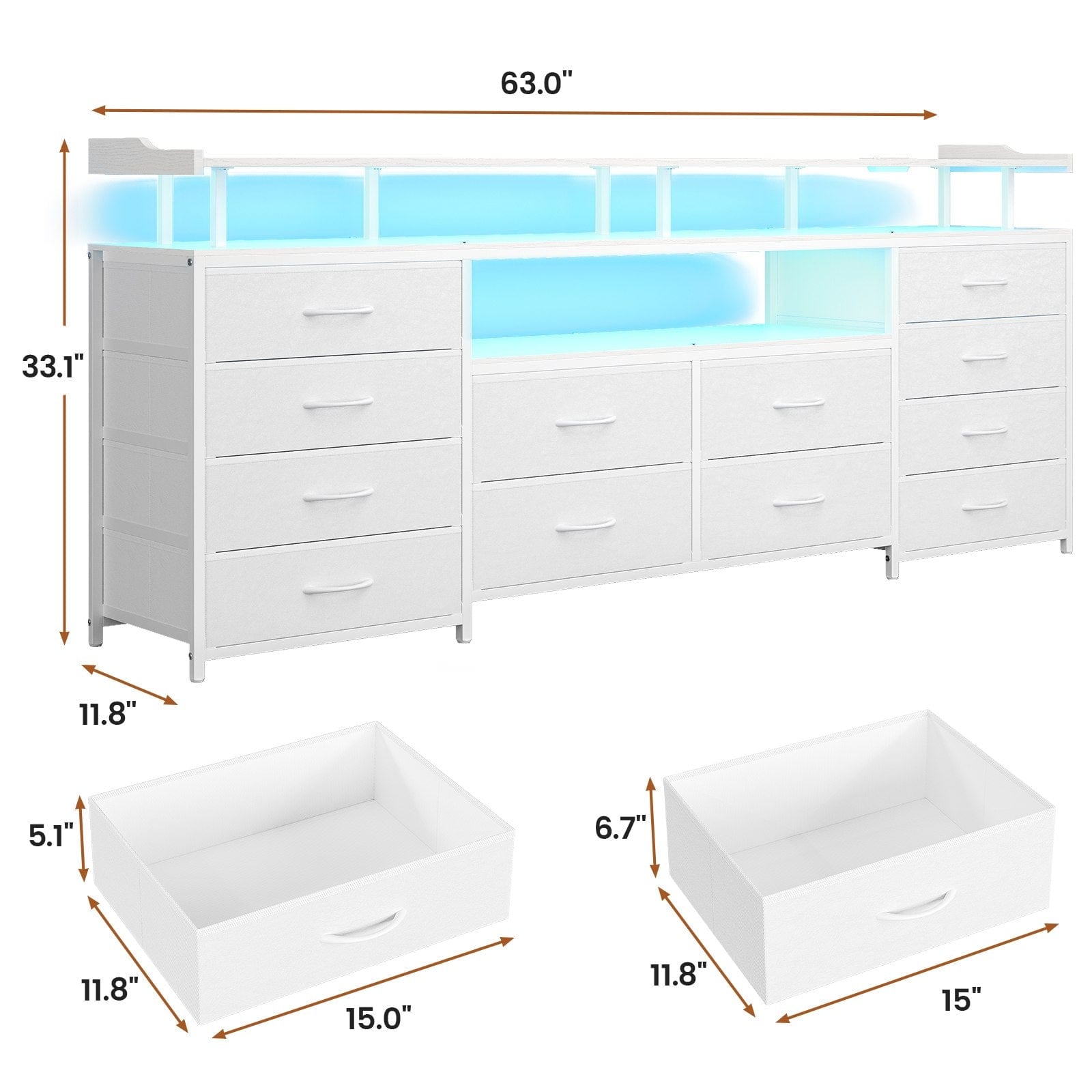 Sikaic TV Stands 63 Inches TV Stand Dresser with LED Lights and Charging Station White White / Engineered Wood / Modern