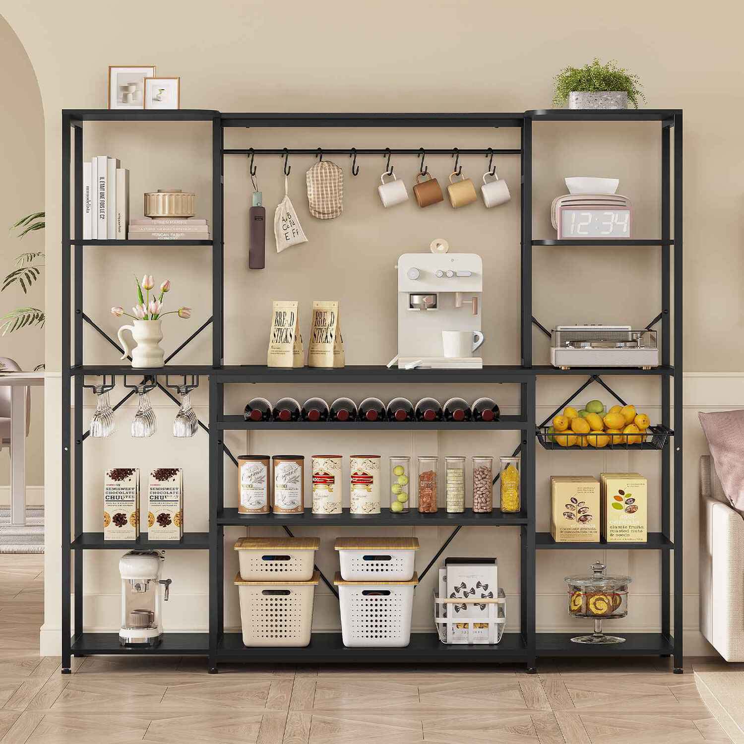 Sikaic Coffee Bar Coffee Bar with Power Outlet and Bakers Rack Microwave Stand Storage Shelves Wine Rack Goblet Holder Hooks Wire Basket Black