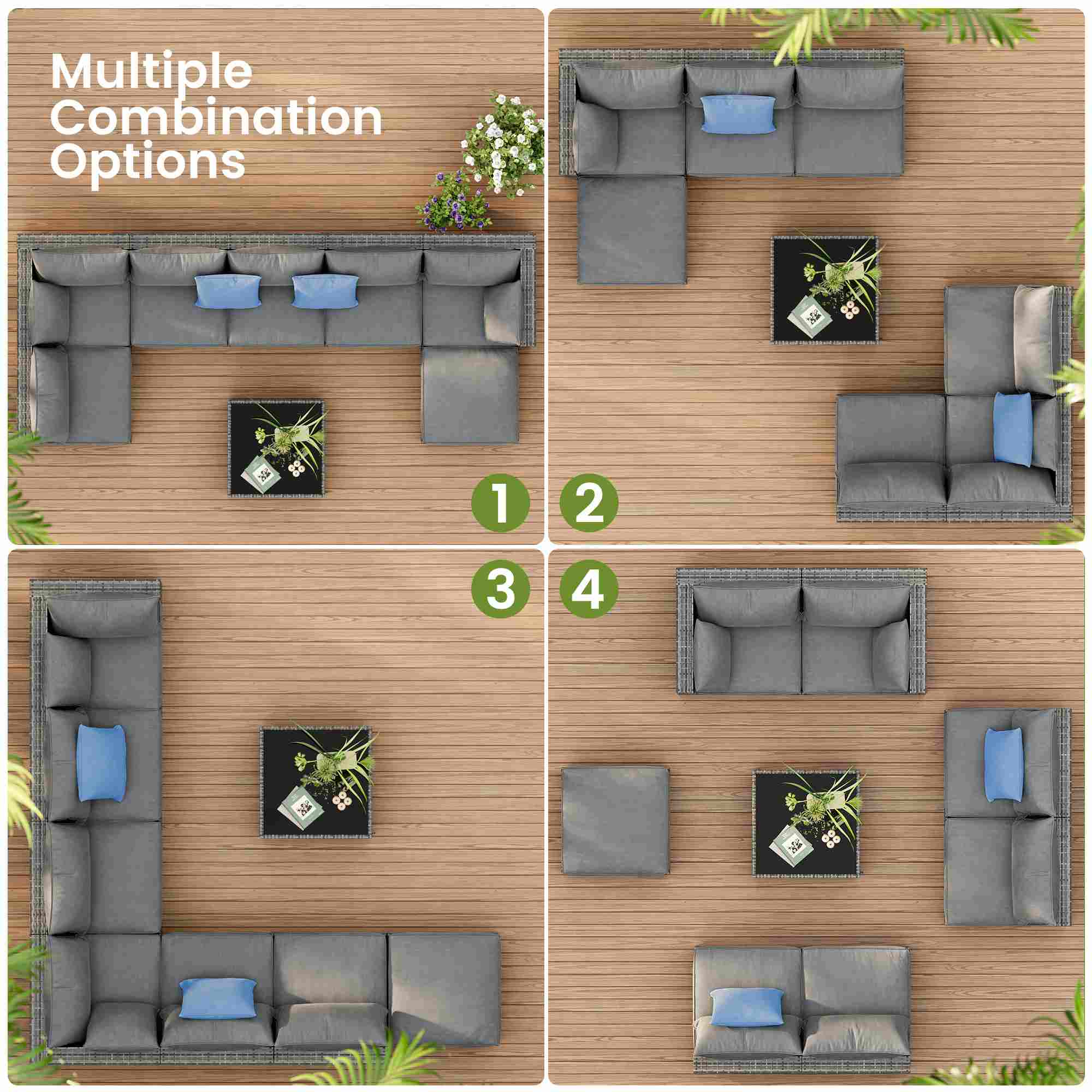 Sikaic Sofa 8PCS 7 Person Rattan Outdoor Sectional Sofa Seating Group Storage Table Set Blue Grey Blue Grey / Metal / Modern
