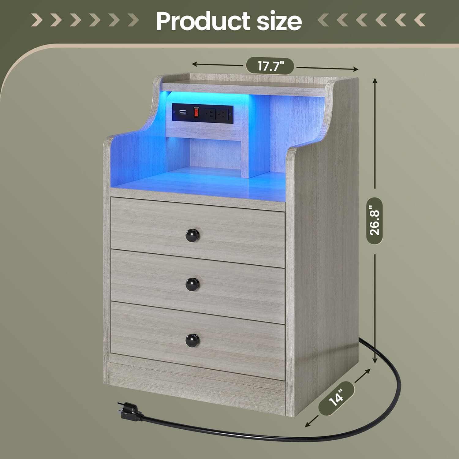 Sikaic Nightstand LED Nightstand with Hutch Drawers Charging Station Grey