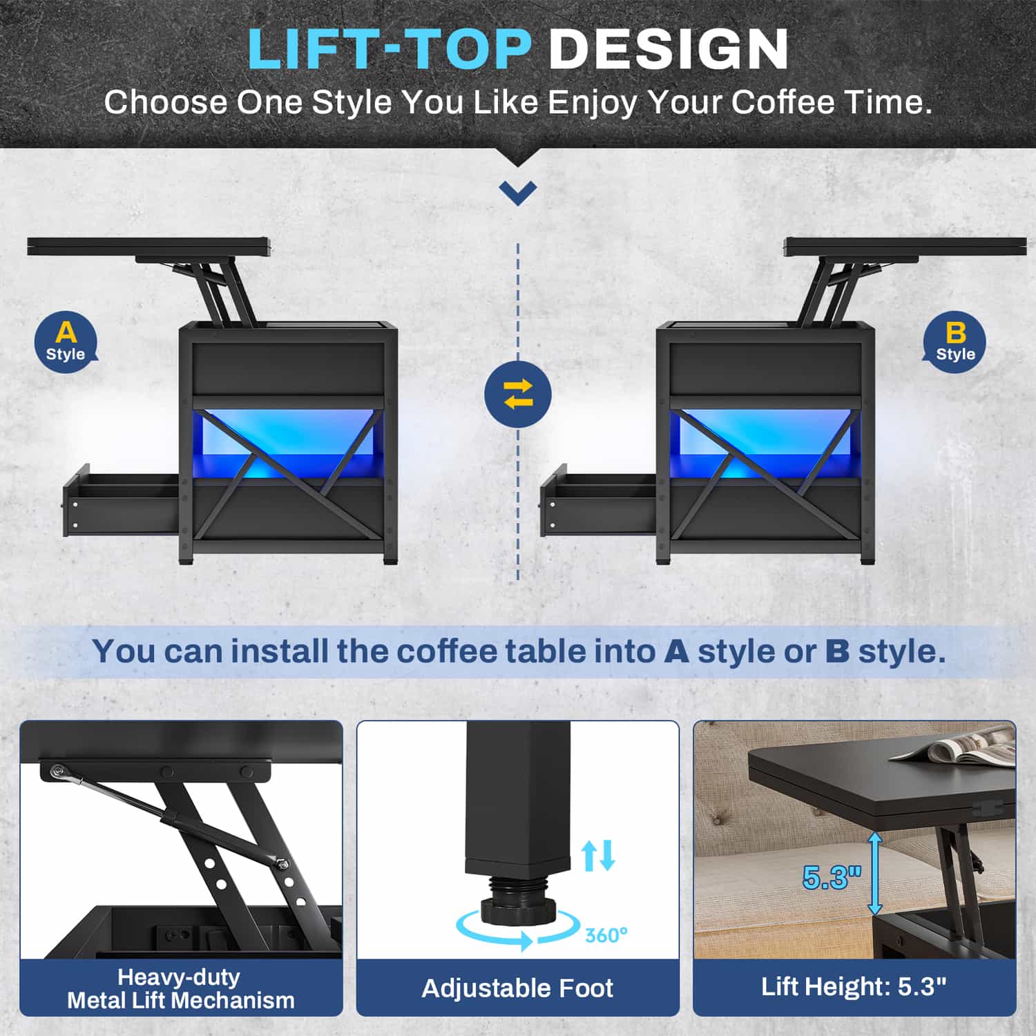 Sikaic Coffee Table 40" Inches Lift Top 4 in 1 LED Coffee Table with 2 Drawers Storage Black