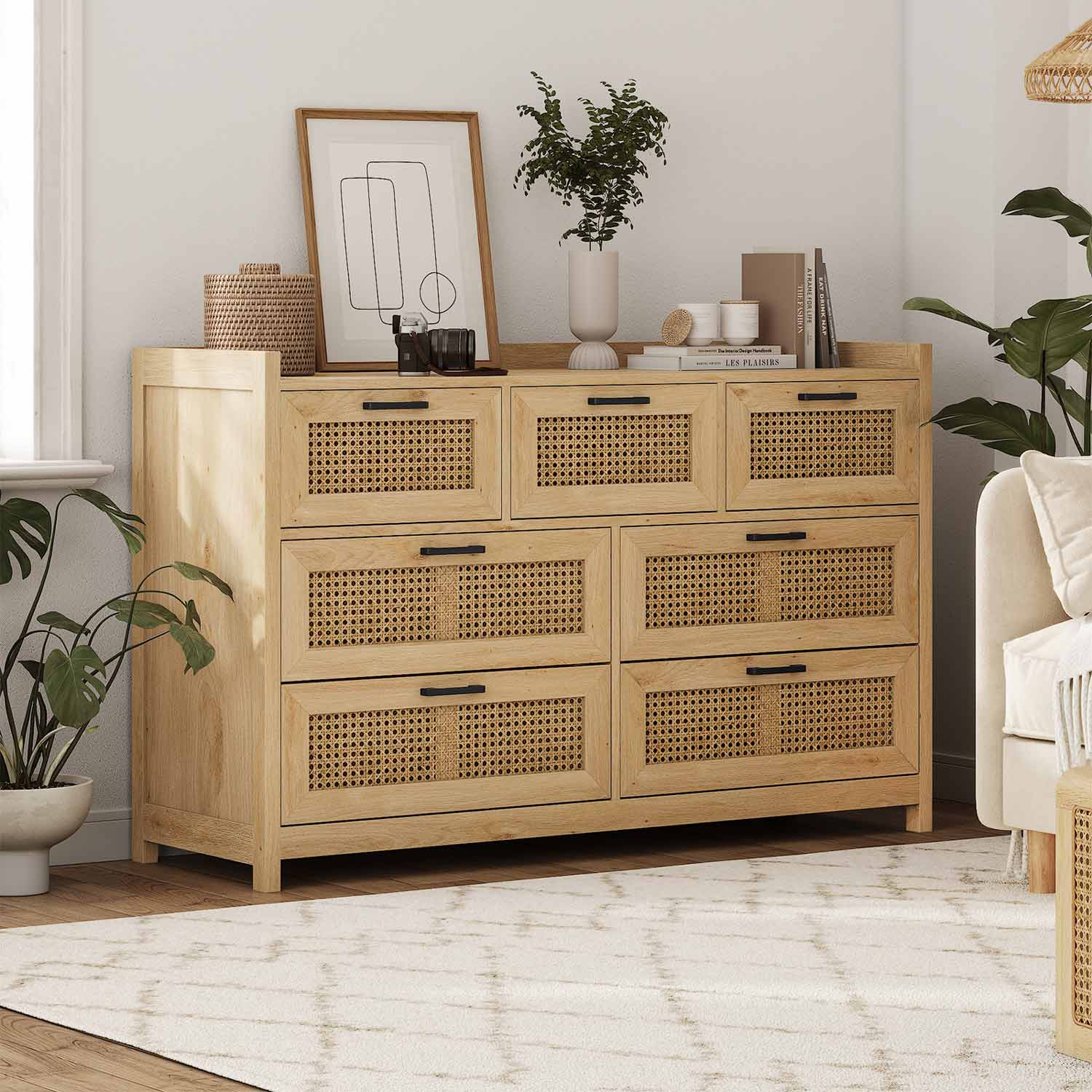 Sikaic Dressers 7 Drawers Dresser for Bedroom with Led Light Natural Rattan