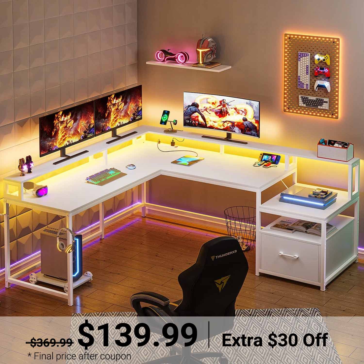 Sikaic Gaming Desk 66 Inches L Shaped Corner 2 Person Gaming Desk with File Drawer Power Outlet Led Lights Monitor Shelf White White / Modern