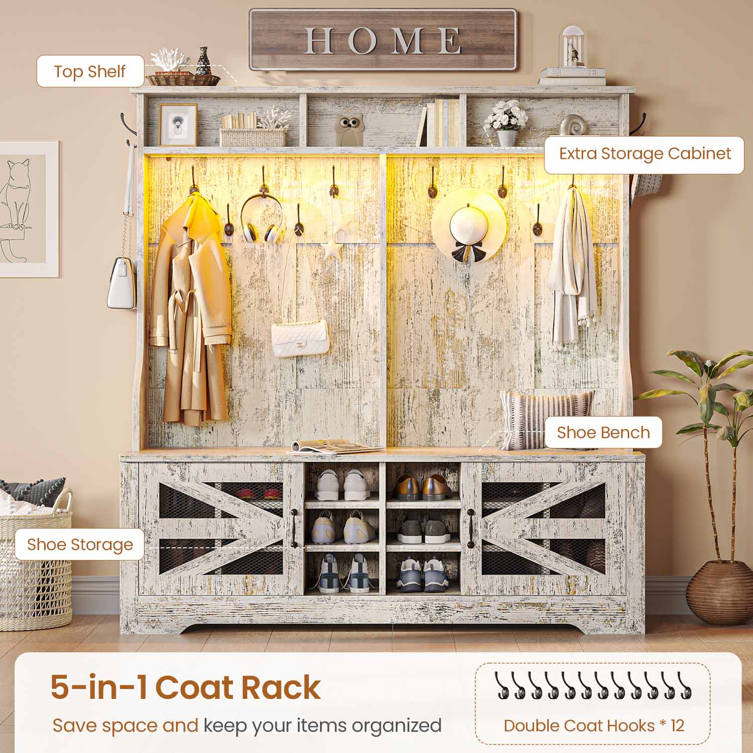 Sikaic Hall Tree 59.1 Inches 5-in-1 Hall Tree with Bench and 16 Shoe Cubbies Coat Hooks Barn Door & Adjustable Shelf Vintage White