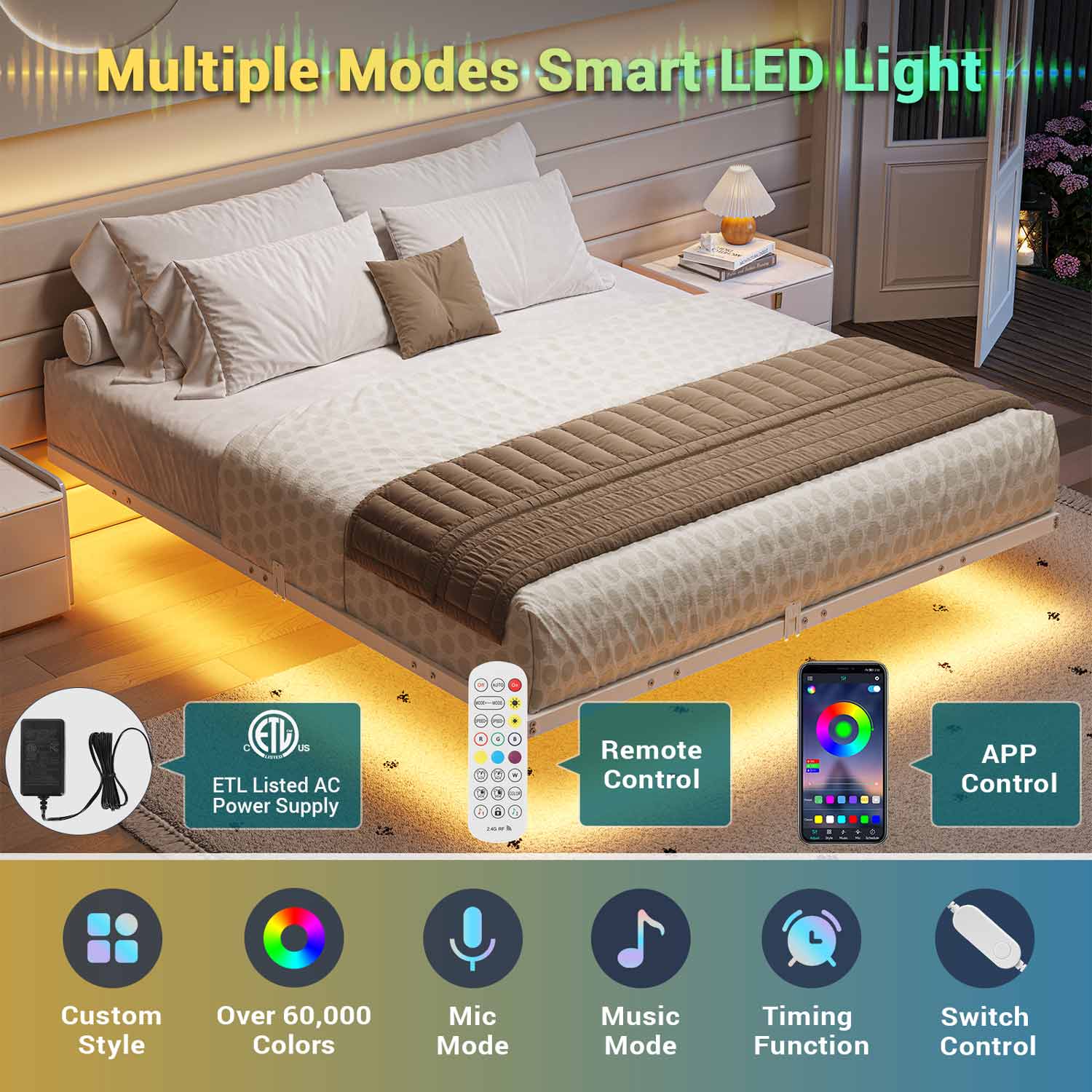 Sikaic Bed Frame Floating Bed Frame with LED Lights Metal Platform No Box Spring Needed White